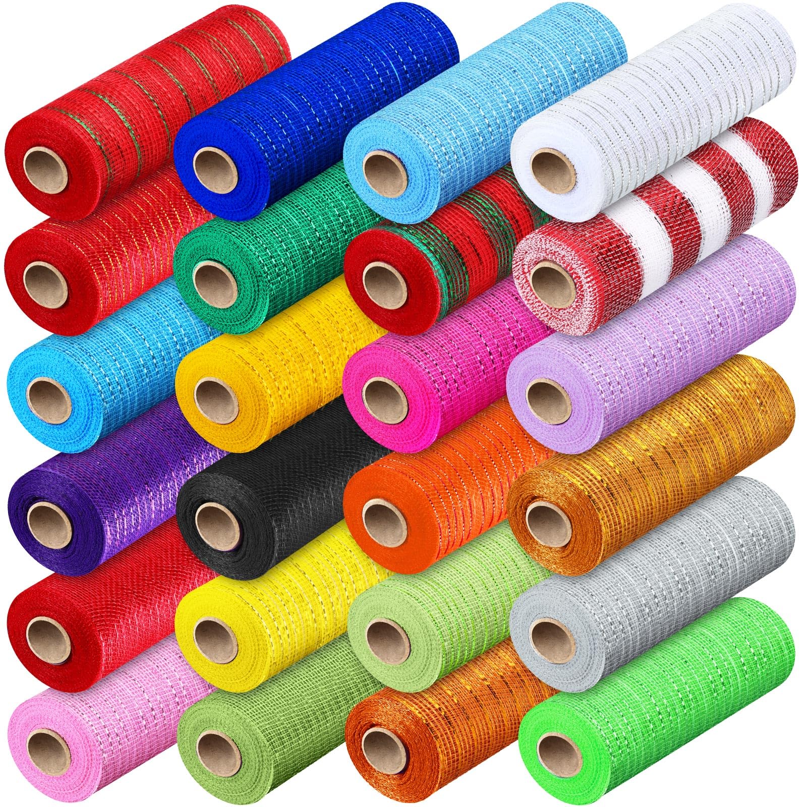 Threlaco 24 Rolls Mesh Ribbon for Wreath Decor Mesh Craft Metallic Foil Decor Ribbon for Easter Wedding DIY Wrapping Raft 6 Inch x 30 Feet