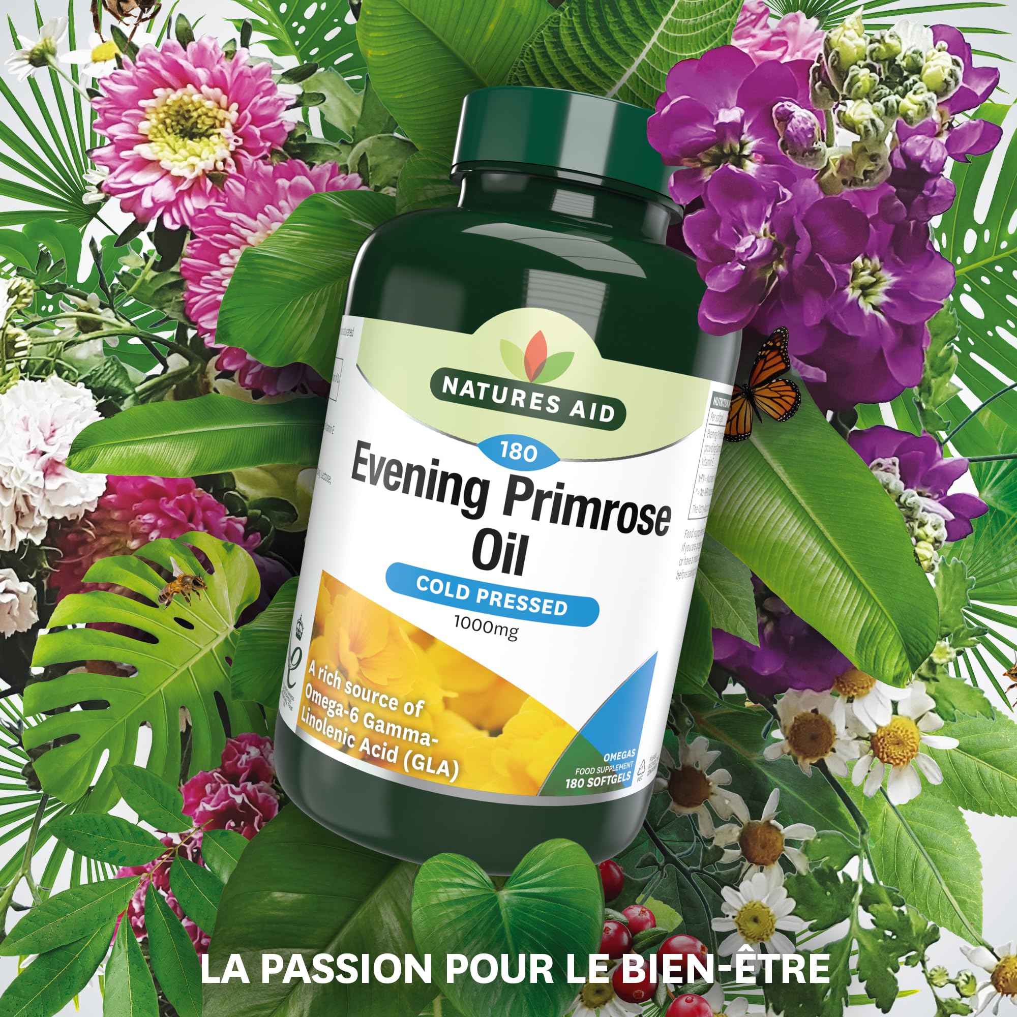 Natures Aid Huile d'Onagre 1000Mg en Gélules Souples - Source Naturelle d'Acides Gras Essentiels Omega 6 de Haute Puissance Pressés à Froid: Acide Gamma Linolénique (AGL) - 180 Jours en Capsules