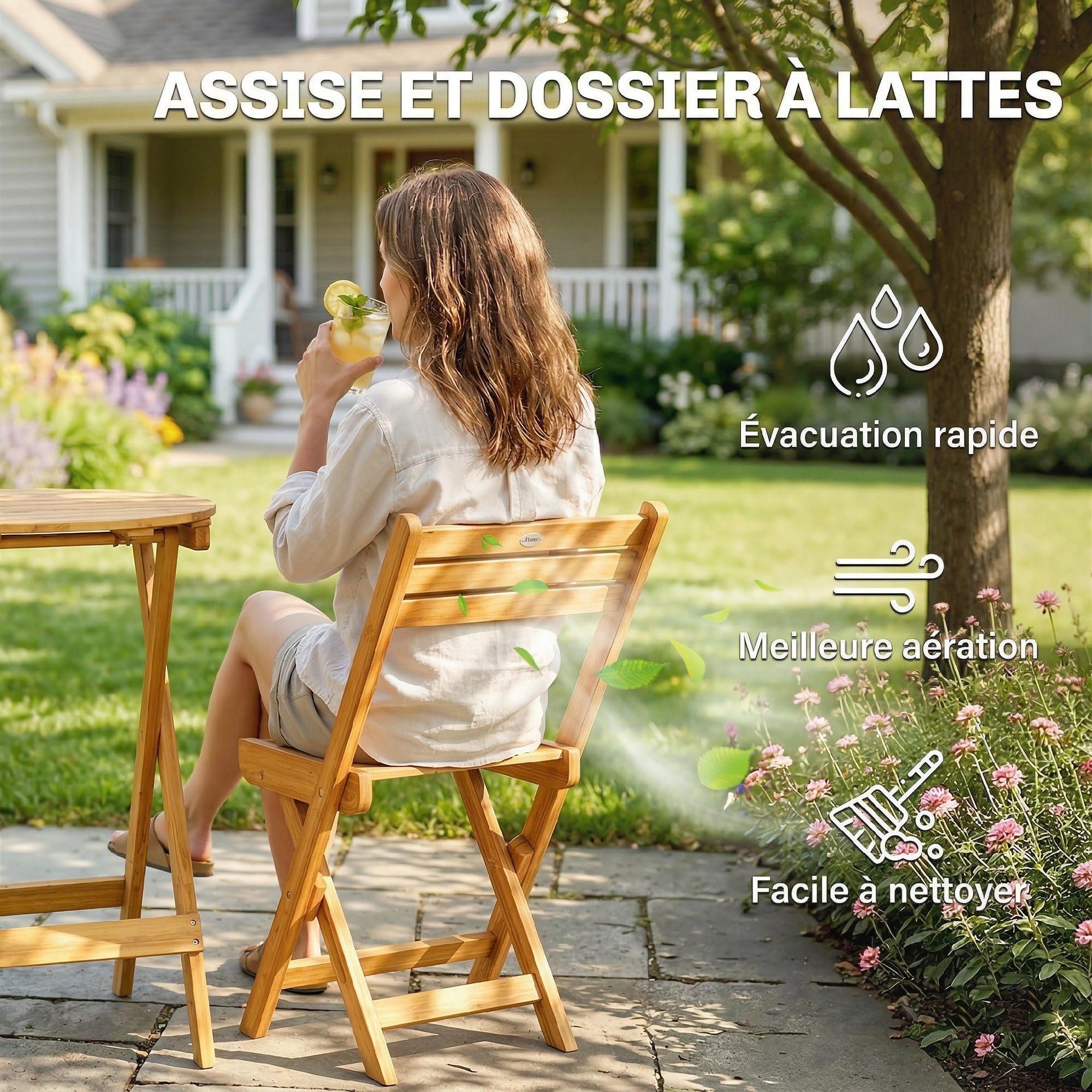 Outsunny Ensemble de Bistrot 3 Pièces Pliable en Bois d'Acacia, Table Ronde 60 cm et 2 Chaises à Lattes san Montage, Salon de Jardin Extérieur pour Balcon Patio Jardin, Naturel