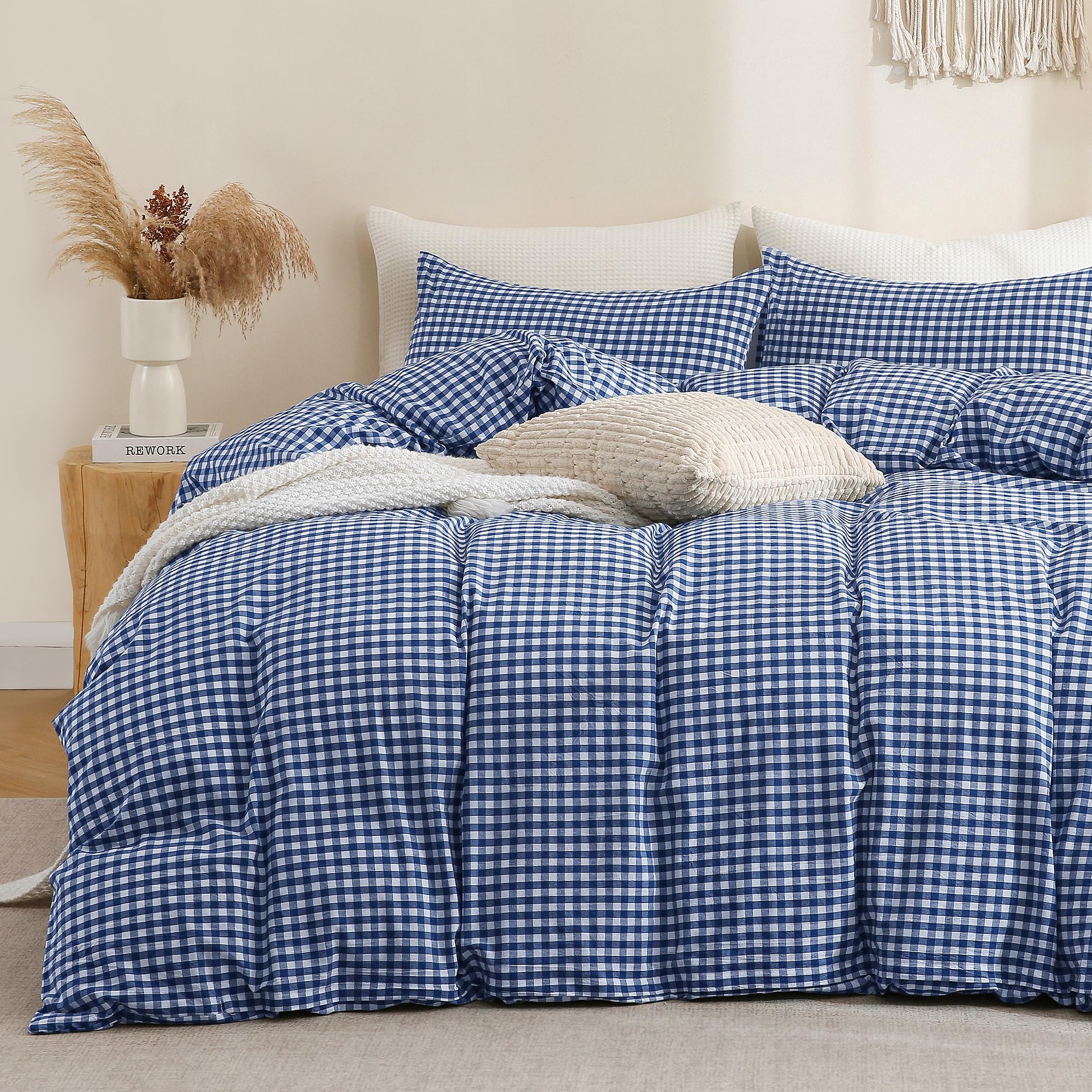 TOCOMOA Navy Blue Gingham Duvet Cover Set Washed Cotton Like Linen, King