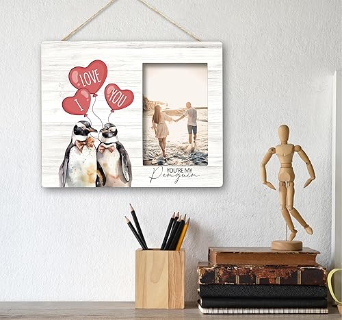 Miniatura 5 de SRADMO Marco de fotos de pingüinos para el día de San Valentín, marco de fotos de pingüino de 10 x 8 pulgadas, marcos de fotos de amor de pingüinos