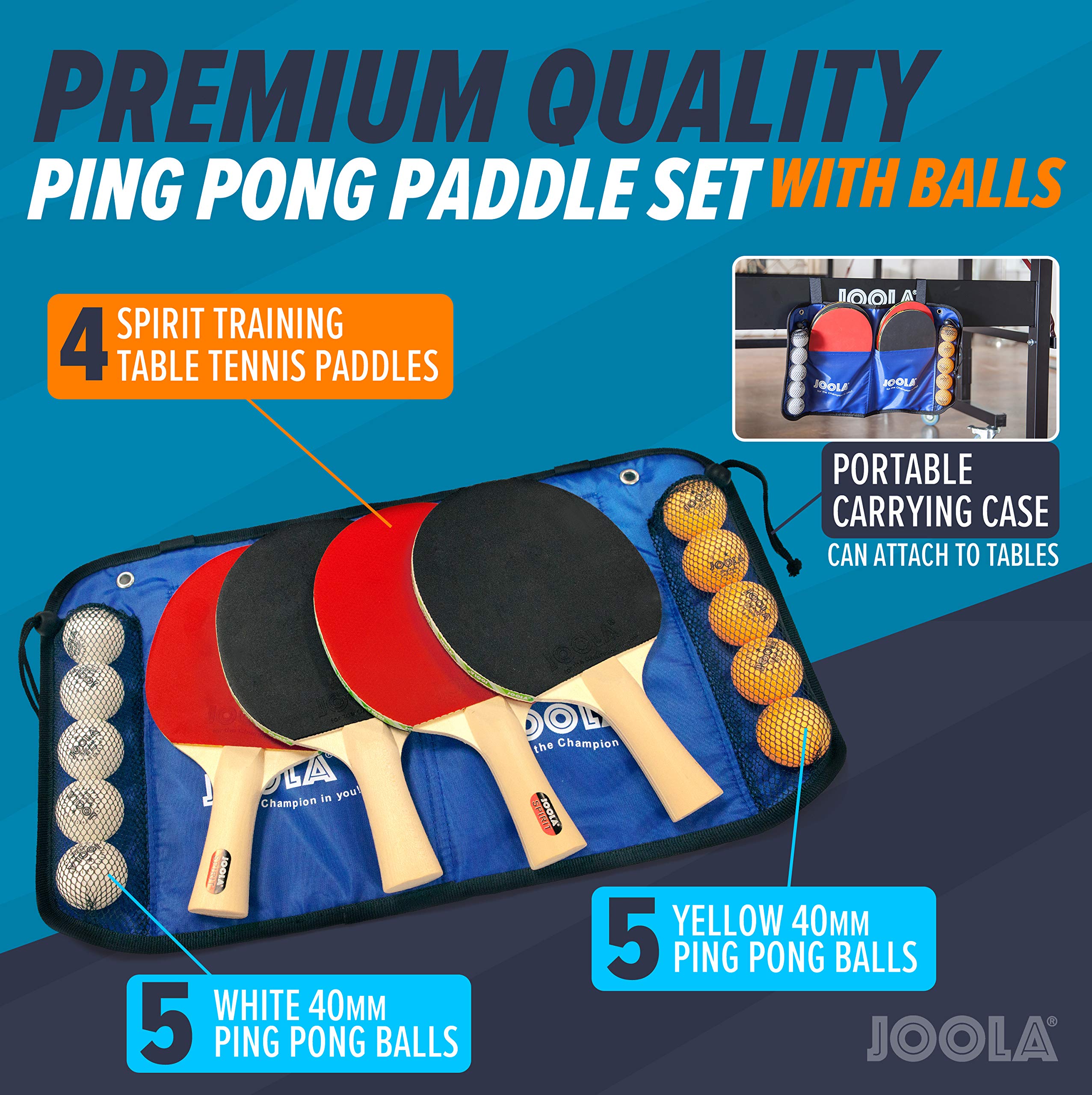 JOOLA Tischtennistisch Abdeckung Tischabdeckung Wetterfeste Schutzhülle Outdoor und Indoor, Schwarz, 150 x 160 x 50-80 & Tischtennis-Set Family, 4 Tischtennisschläger + 10 Tischtennisbälle + Tasche