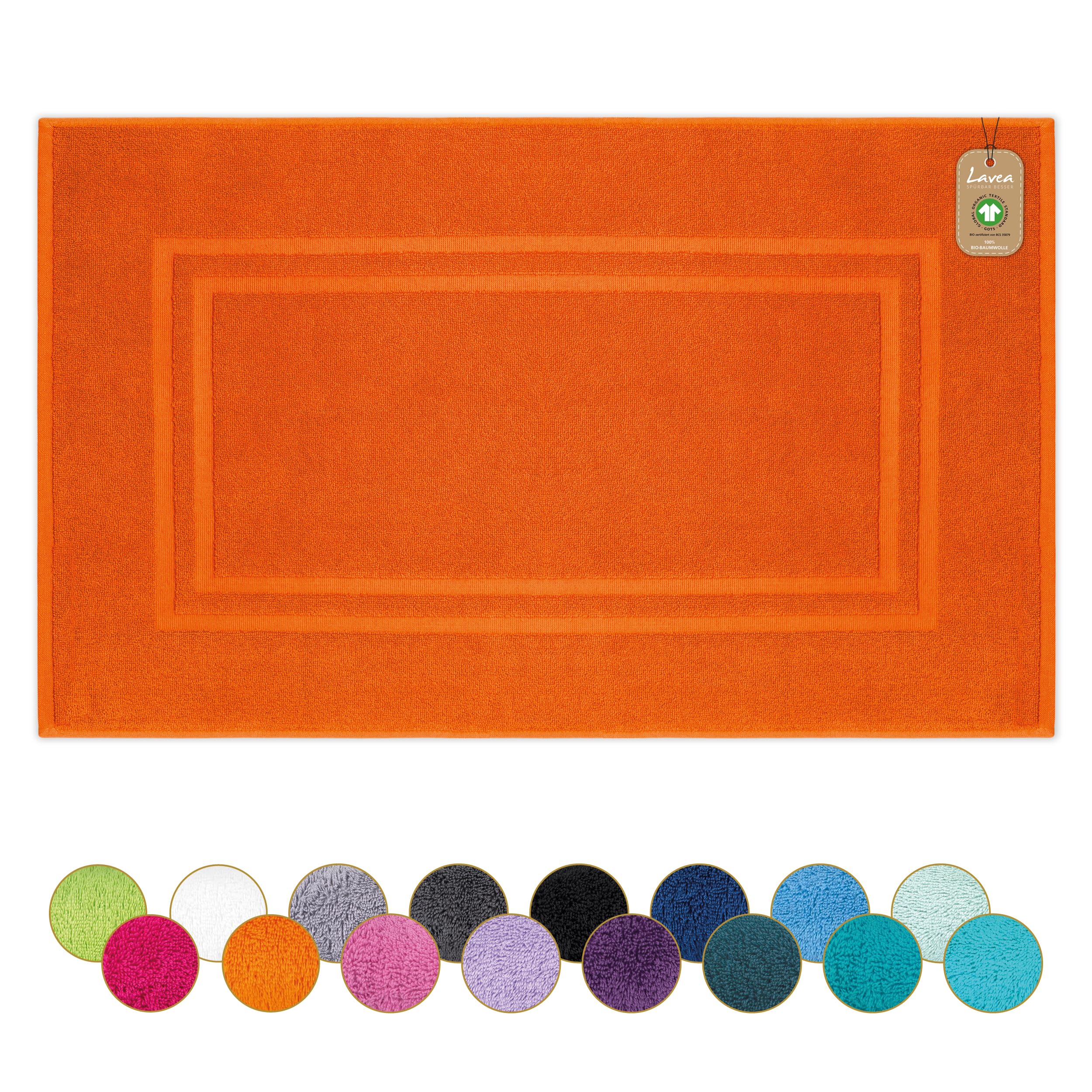 Lavea® 1 Tappetino da Bagno 50x80 cm – Antiscivolo e Lavabile in 100% Cotone Bio – Assorbente e Resistente – Ideale per Bagno e Doccia – Arancione