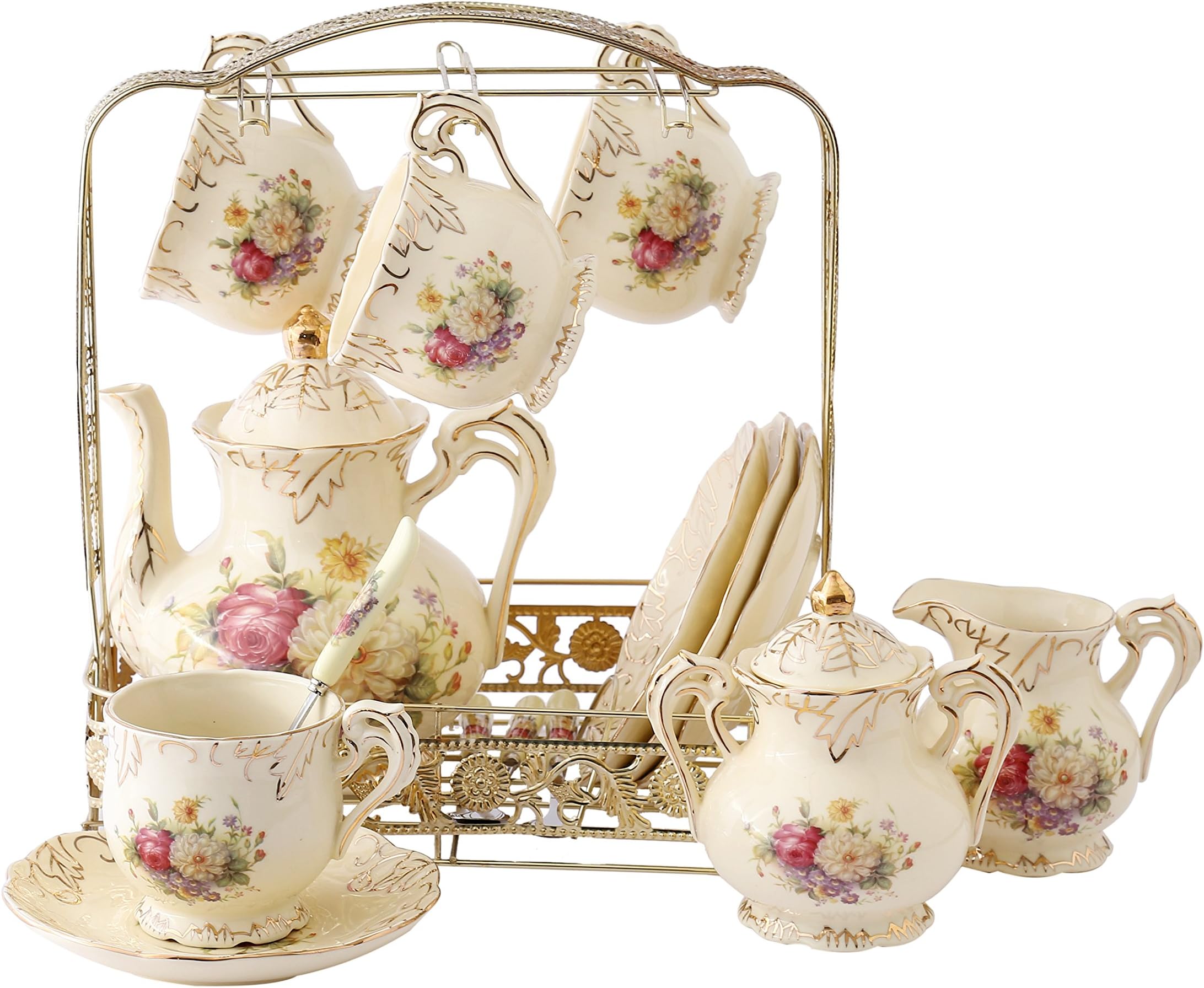 11 Piece European Royal Ivory Porcelain Tea Set,Vintage Luxury Coffee Set,Red And White Rose Printing,For Wedding And Home