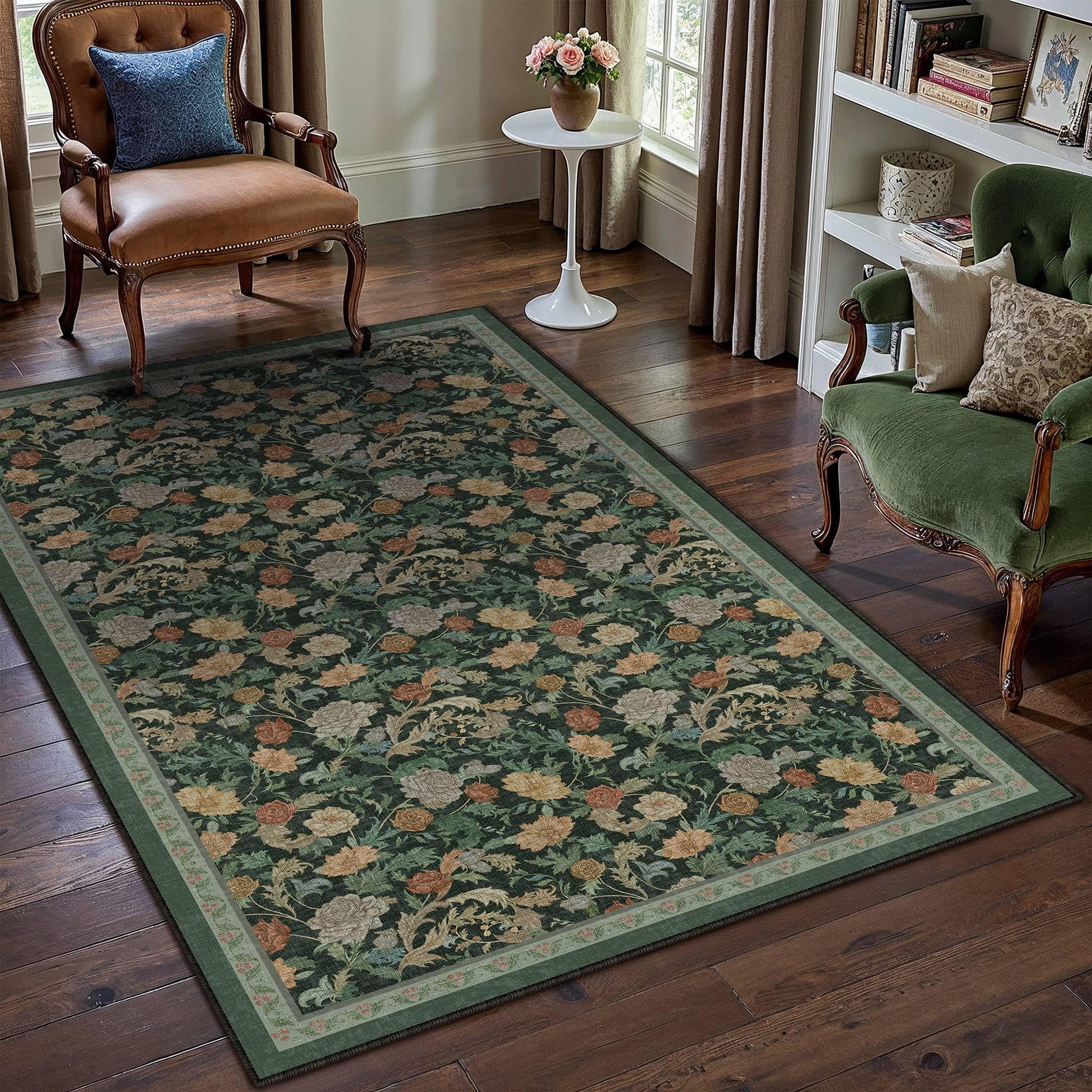 hugear retro area rugs 9x12 washable living room bedroom rugs vintage floral throw carpet dark green stain resistant non slip low pile for home aesthetic modern decor