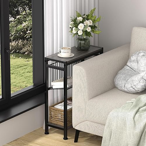 Miniatura 9 de Mesa auxiliar para espacio pequeño, mesa auxiliar estrecha de 3 niveles con soporte para revistas, mesita de noche delgada, mesa de sofá delgada