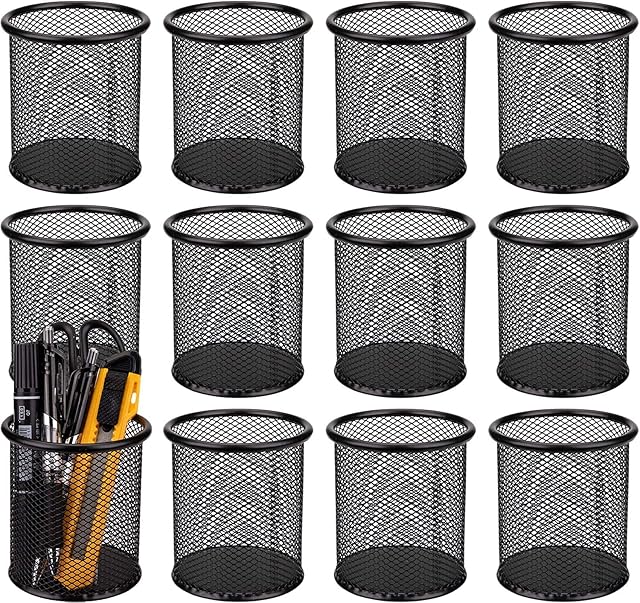WUWEOT 12 Pack Metal Pen Holder Mesh Pencil Holder Desk Organizer Mesh Round Pen Cup Pencil Cup for Desk Office Pen Organizer, Black