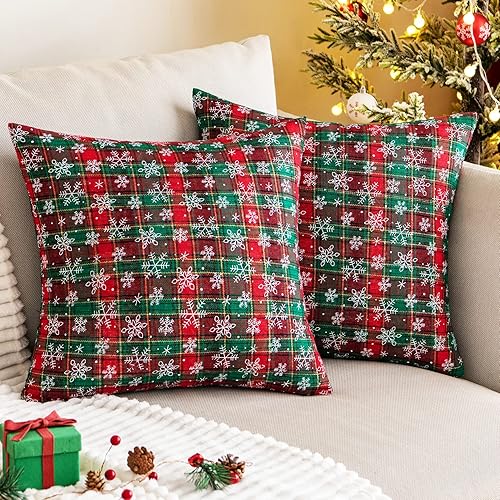 Paquete de 2 fundas de almohada decorativas de Navidad a cuadros con copos de nieve y tartán escocés para sofá casa de campo decoración navideña