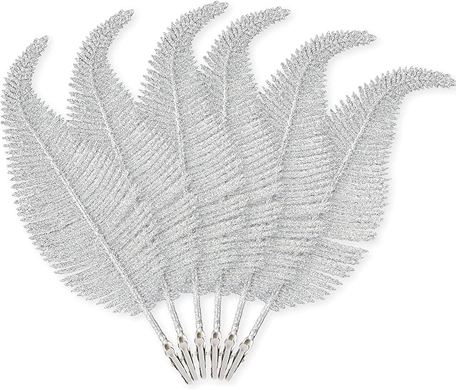 Pack of 6 Christmas Glitter Feathers  Silver, White or Gold, 22cm, Clip on Feather Decorations, Christmas Tree Baubles, Glittery Ornaments, Xmas Home Décor (Silver)