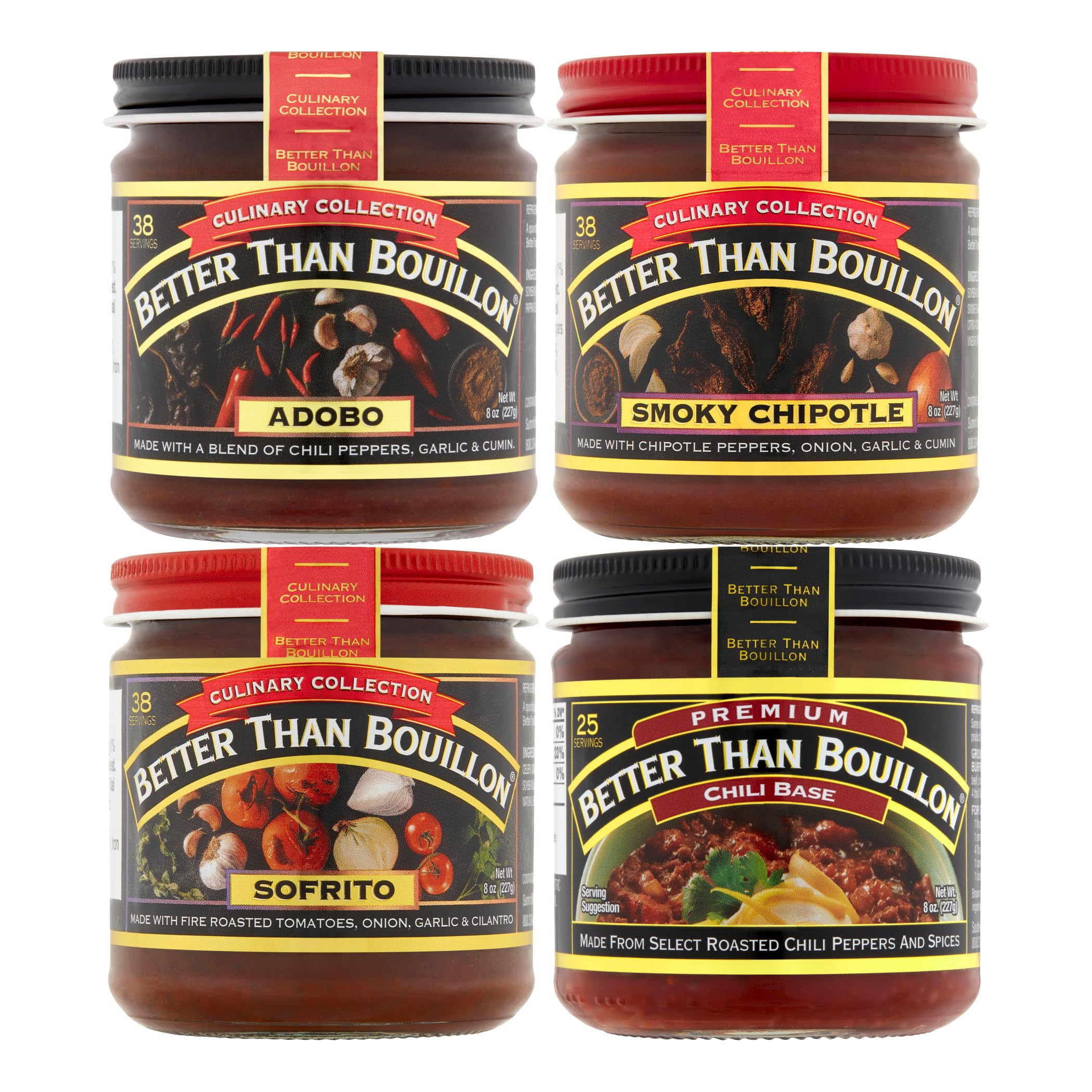 Base Variety Pack, 1 Adobo Base, 1 Smoky Chipotle Base, 1 Sofrito Base, 1 Chili Base, 8 Ounce Glass Jars (Pack of 4)