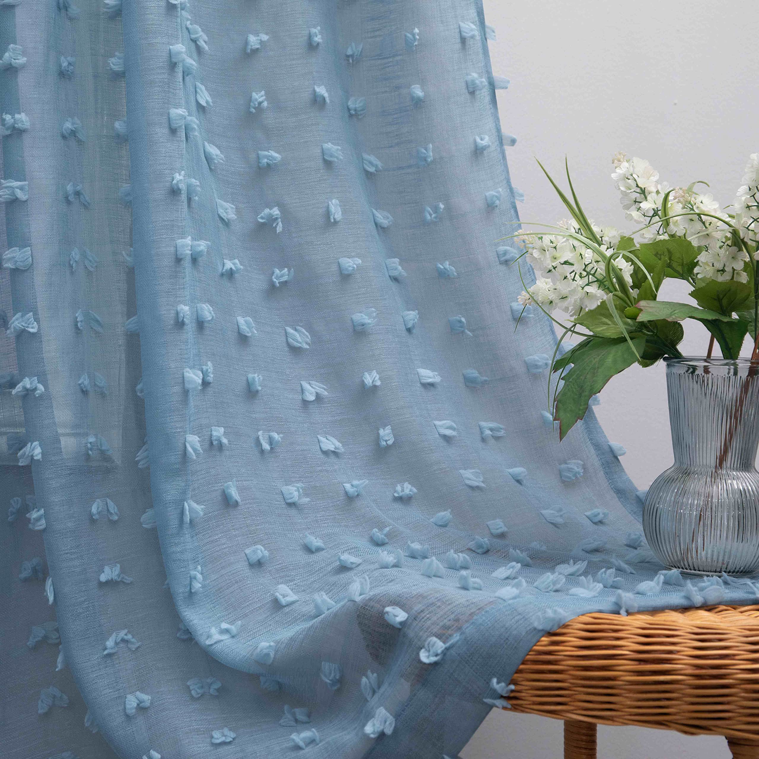 Rideaux transparents gris bleu 160 cm style bohème à pompons pour salon, lot de 2