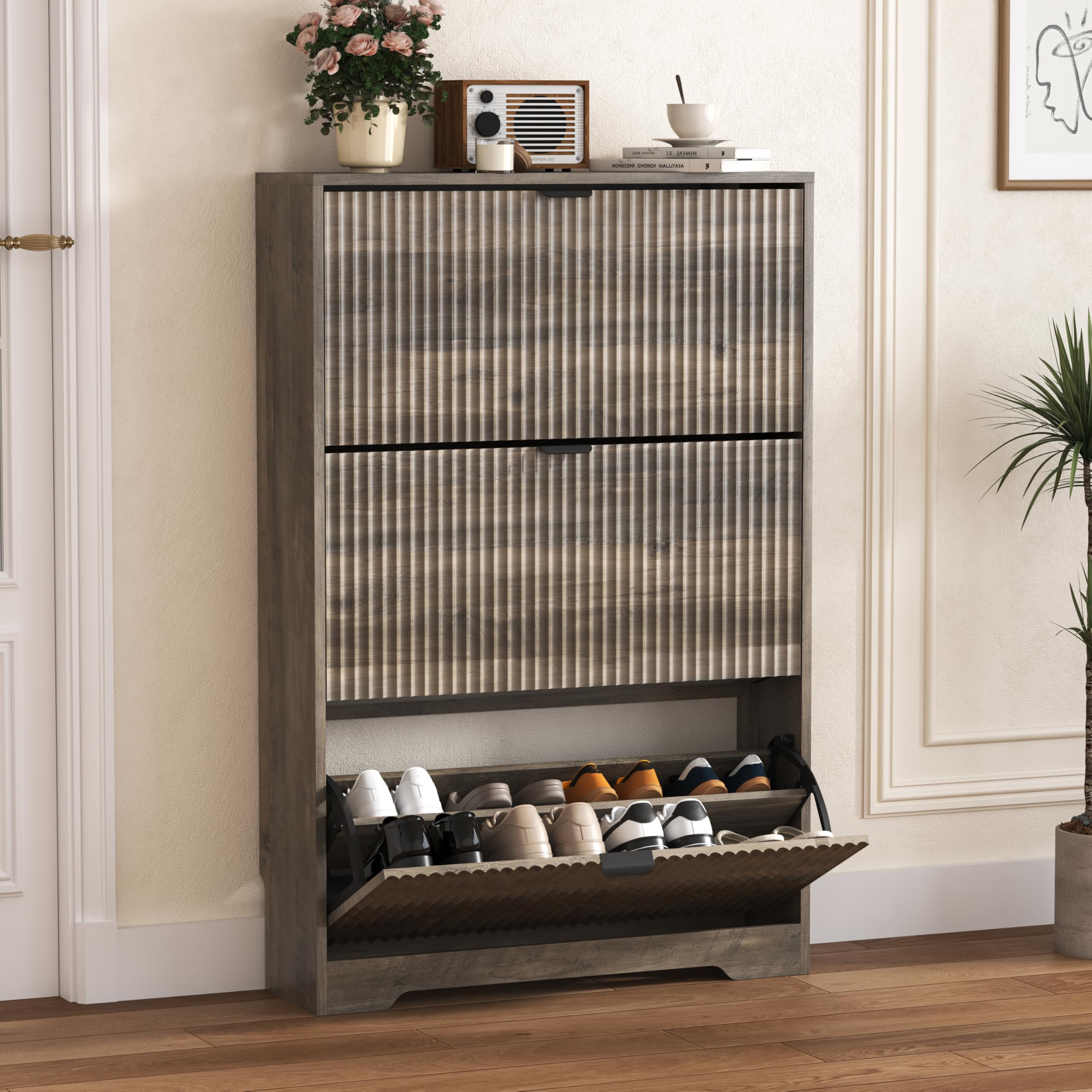 HUANLEGO Shoe Cabinet Storage for Entryway with 3 Flip Drawers, Grey Fluted Shoe Cabinet with Adjustable Shelves, Wooden Hidden Shoe Rack Freestanding Narrow Slim Shoes Storage for Hallway, Entrance