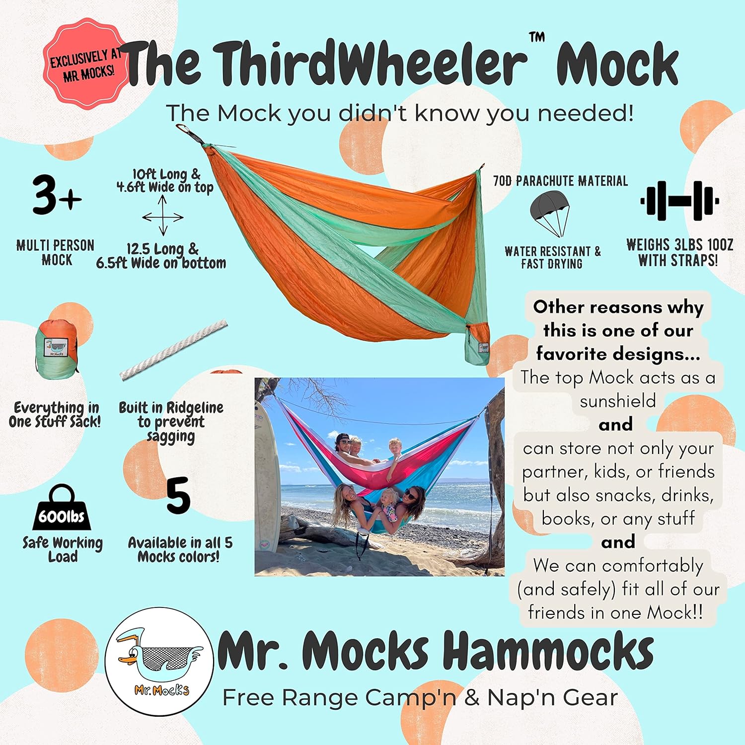 Mr. Mocks Single, Double, Triple Hammock, Light Weight Tree Straps, Aluminum Carabiners, Water Resistant Parachute Nylon, Easy Stuff Sack, Great Travel Camping Mock (Just Peachy, Double)