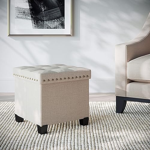Nathan James Payton - Reposapiés y asiento plegables, Espuma Tablero de partículas, Beige Beige - Otomana de almacenamiento,Gris - Otomana de