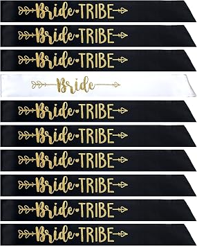 Bride Tribe 7pc or 10pc Satin Sash Set - Sophisticated & Fun Party Favors for Bachelorette Party, Bridal Shower & Wedding Party Black & Gold, 10pc Set