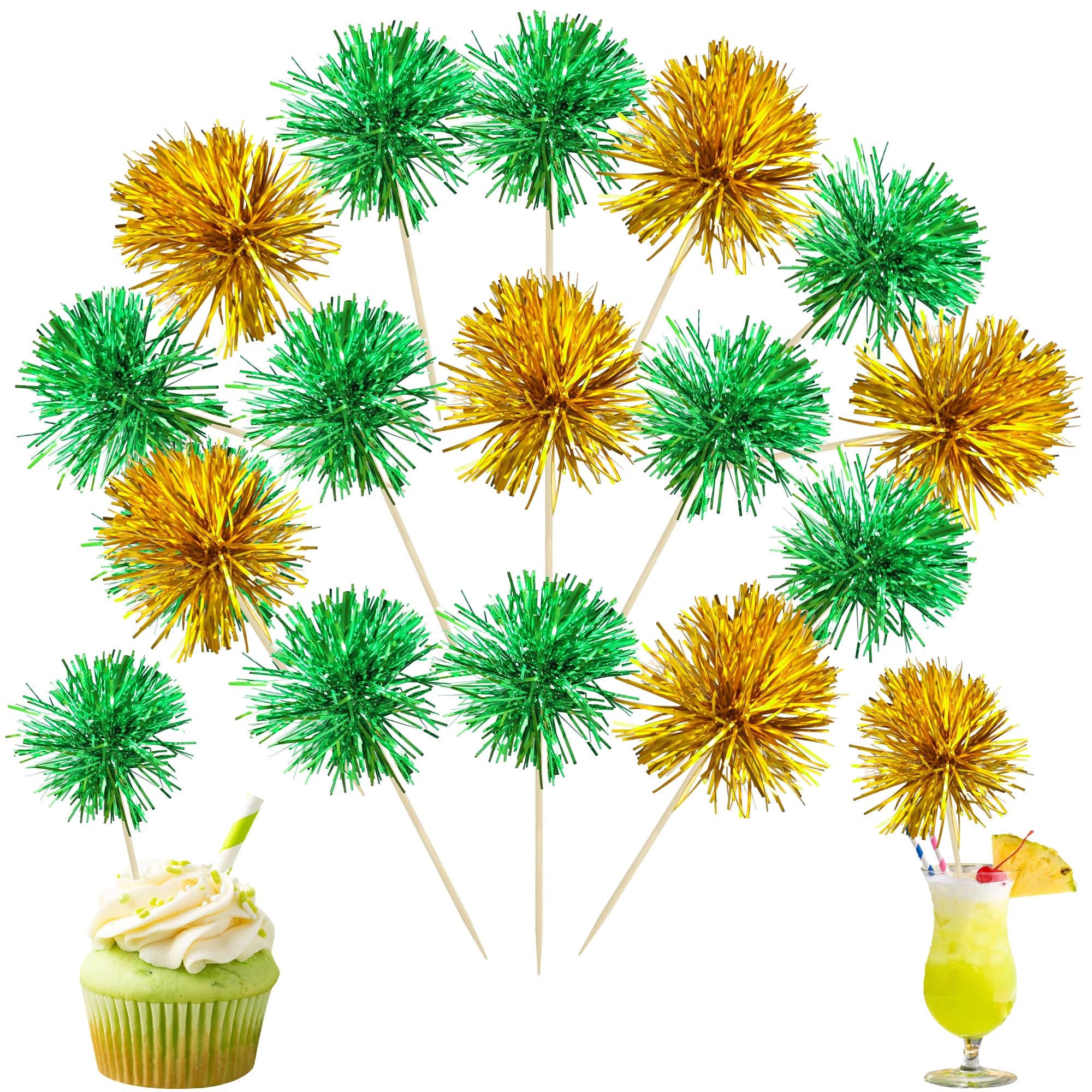 Ephlyn 30Pcs Foil Firework Cupcake Toppers Sparkle Tinsel Cupcake Picks Birthday Cake Decorations Drink Stirrers Cocktail Food Fruit Toothpicks for Baby Shower Graduation Party Supplies Green Gold — image 1