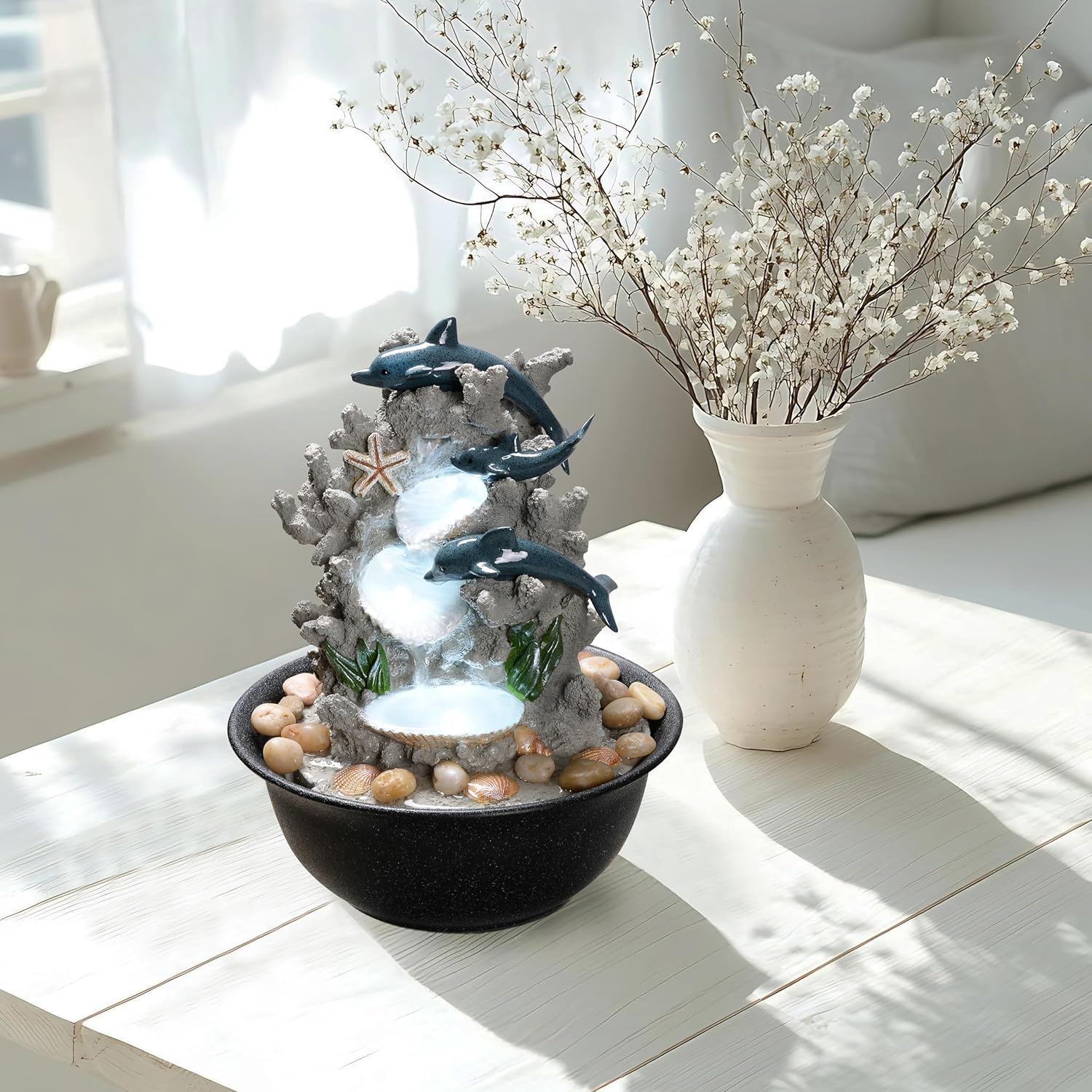 Indoor Tabletop Dolphin Water Fountain with LED Light – Ocean Theme Desk Decor and River Rocks, Relaxing Sound Machine for Sleep & Office, Zen Home Décor Gift for Women, Living Room Decoration