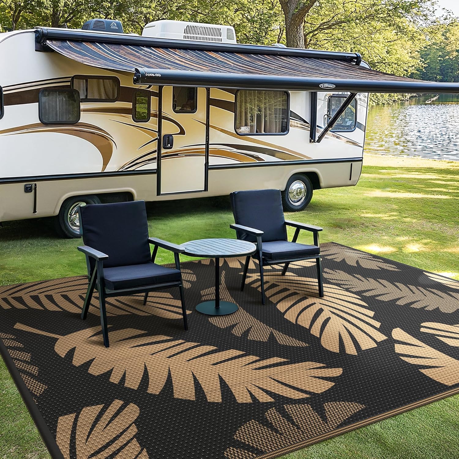 GENIMO Waterproof Outdoor Rug 5' x 8' for Patio Decor, Reversible Plastic Straw Area Rugs for Camping Clearance, RV Mat, Large Outside Carpet for Porch, Deck, Picni, Balcony, Garden, Black & Brown