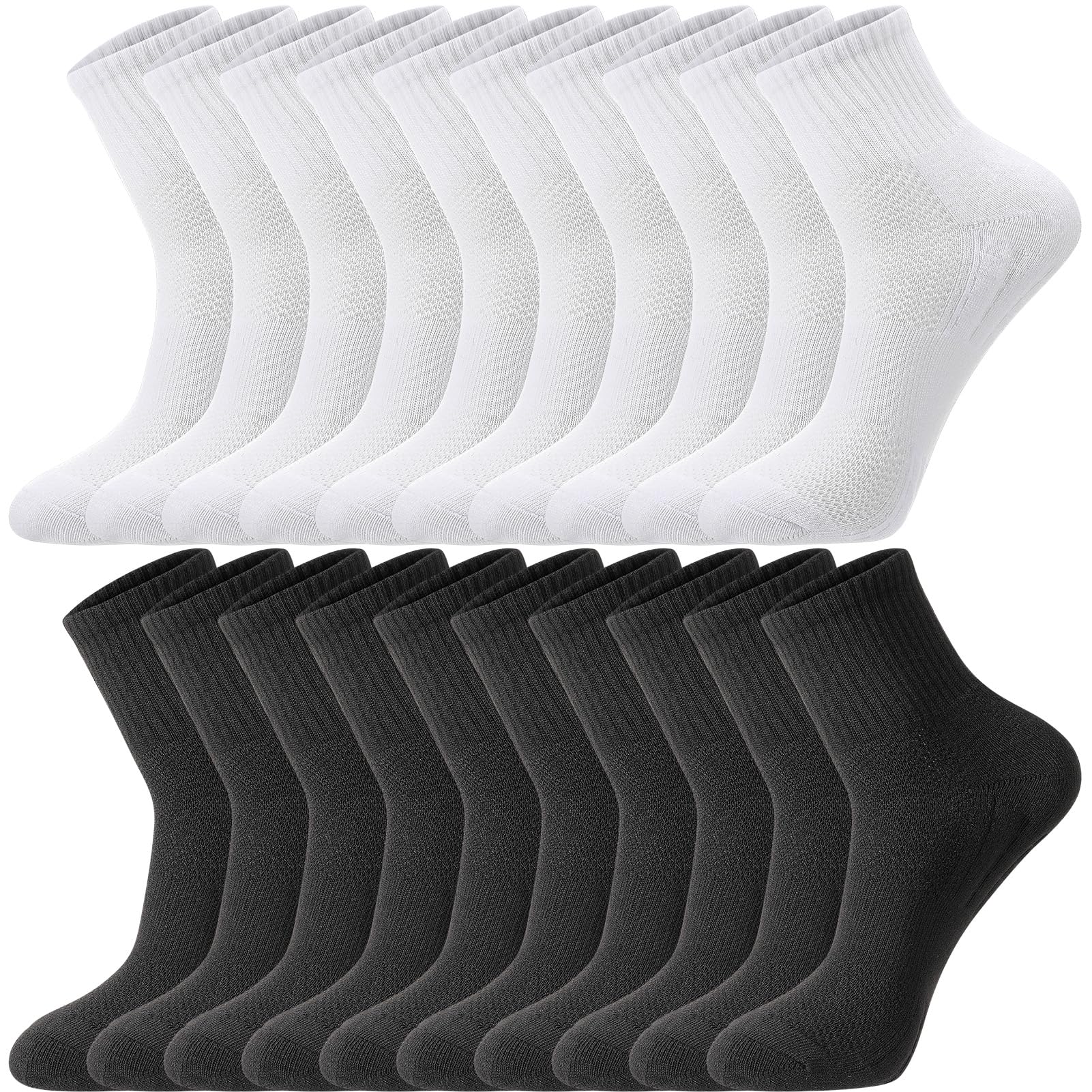 Zuimei10 Pairs Womens Sports Socks White Black, Cushioned Running Trainer Socks 4-7 Athletic Crew Anti-Blister Socks Breathable Ladies Ankle Socks Multipack for Workout Training Hiking Walking