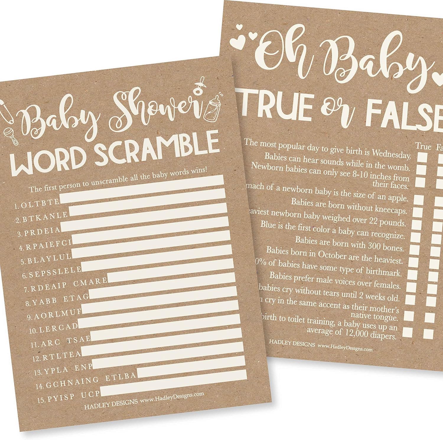 25 Rustic Word Scramble For Baby Shower, 25 True Or False Game, 25 Trivia Game, 25 Find The Guest, 25 Baby Animal Matching, 25 Nursery Rhyme Game - 6 Double Sided Cards Baby Shower Ideas