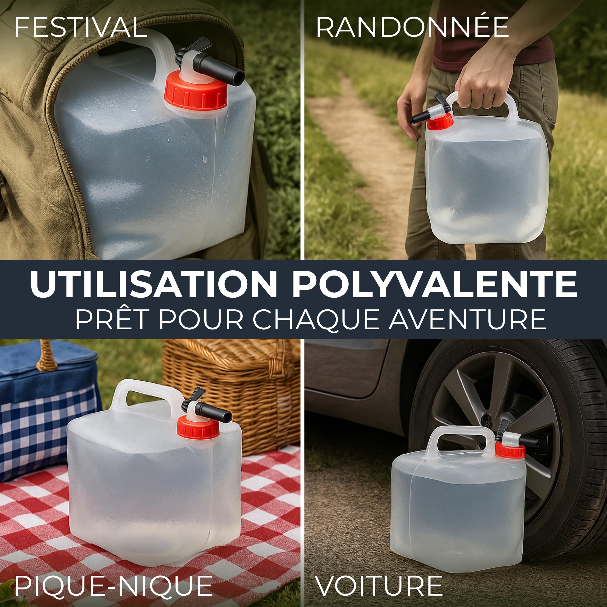 Lot de 4 bidons d'eau pliables de 10 l avec robinet, sans BPA et adaptés à un usage alimentaire, pour l'extérieur, le camping, l'eau potable, 10 l, 10 l