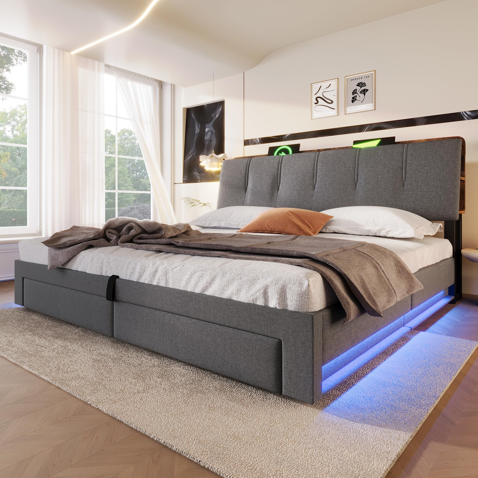 Polsterbett 180x200 cm mit LED-Beleuchtung und USB Typ-C Ladefunktion, Stauraumbett mit Hydrauliksystem, Doppelbett mit 2 Schubladen, Leinen, Grau(Ohne Matratze)