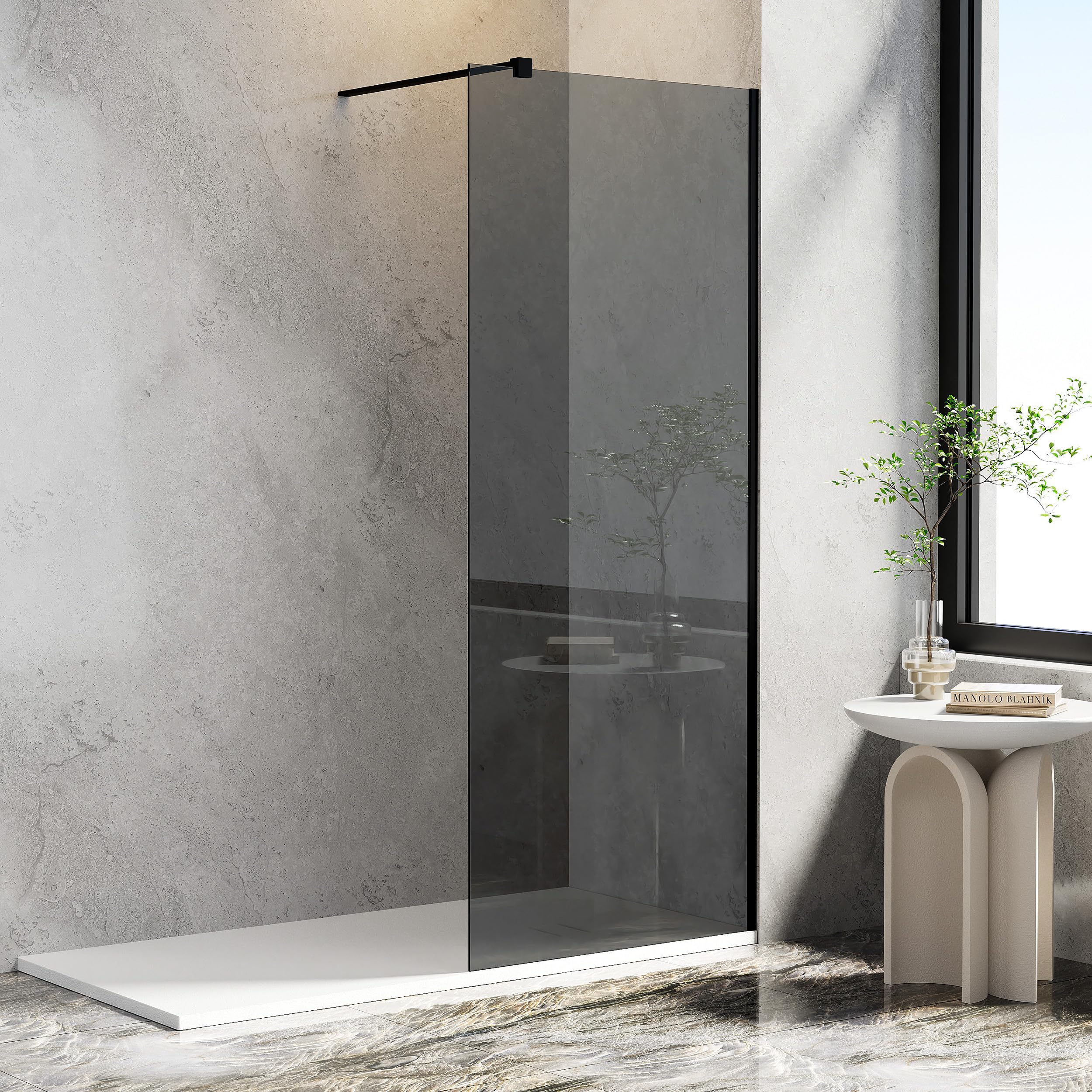 AQUARA Shower Screen 800 x 1900mm Walk-in Shower Enclosure 8mm Easy Clean Grey Toughened Saftey Glass with Support Bar Black Shower Cubicle