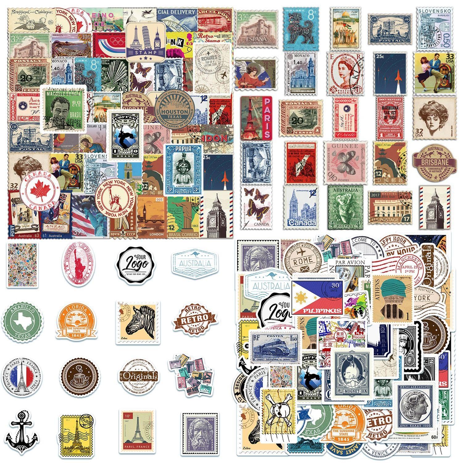 PLLDVEFD 100 Vintage Travel Stamp Stickers, Classic Fashion Stickers, Diy Suitcase Scrapbook Stickers, Fun Stickers, Hand Account Diary Decorative Stickers.