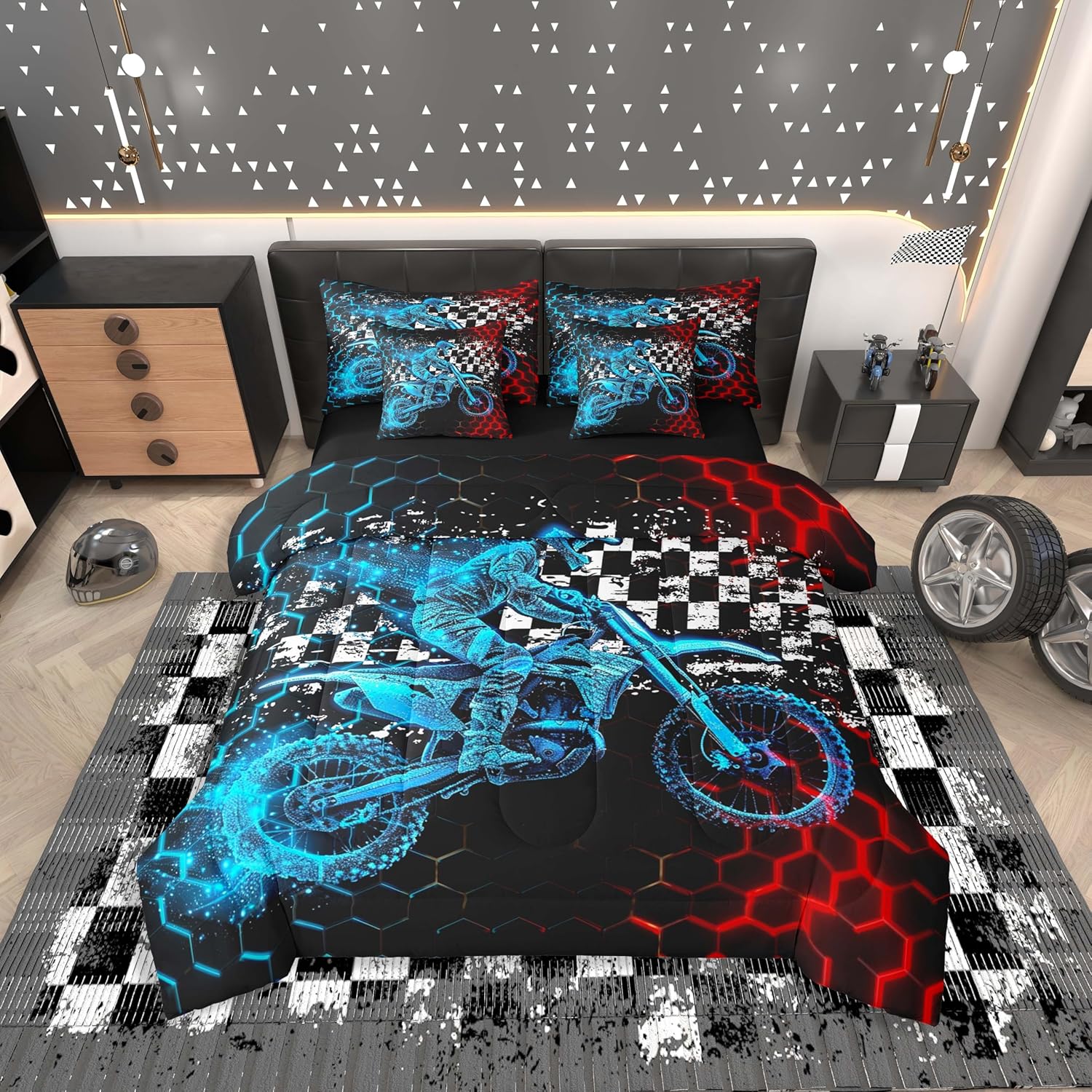 Feelyou Dirt Bike Comforter Set Twin Size 7 Pieces Comforters Extreme Sport Bedding Set Motocross Bed Set Bed in a Bag with Comforter, Sheets, Pillowcases & Cushion Covers