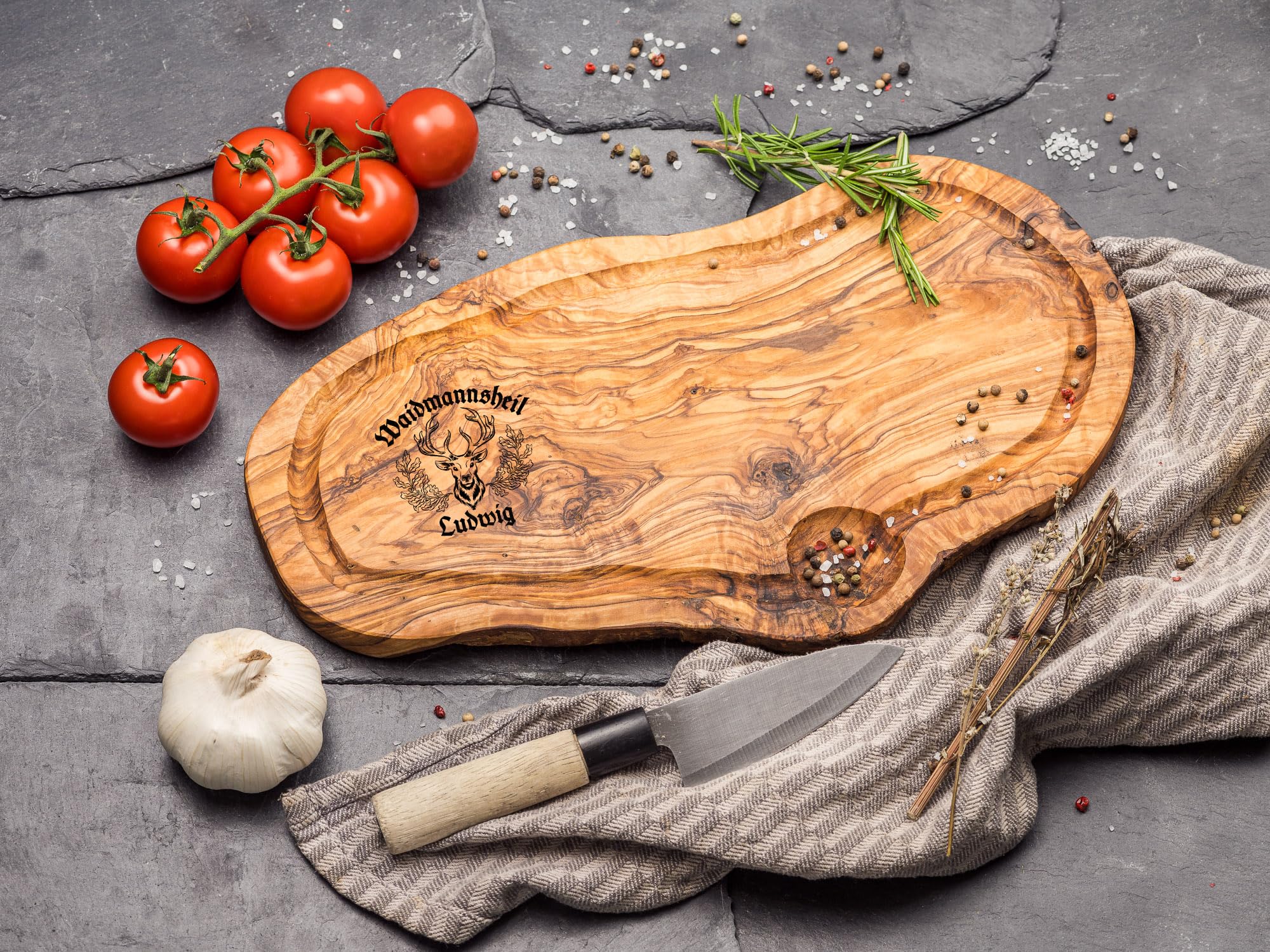 Schneidebrett Olivenholz | Jäger Geschenke | Jagdmotiv | Jagd Geschenke für Jäger Männer | Grill Zubehör | Personalisierte Geschenke Männer | Holzbrett mit Gravur