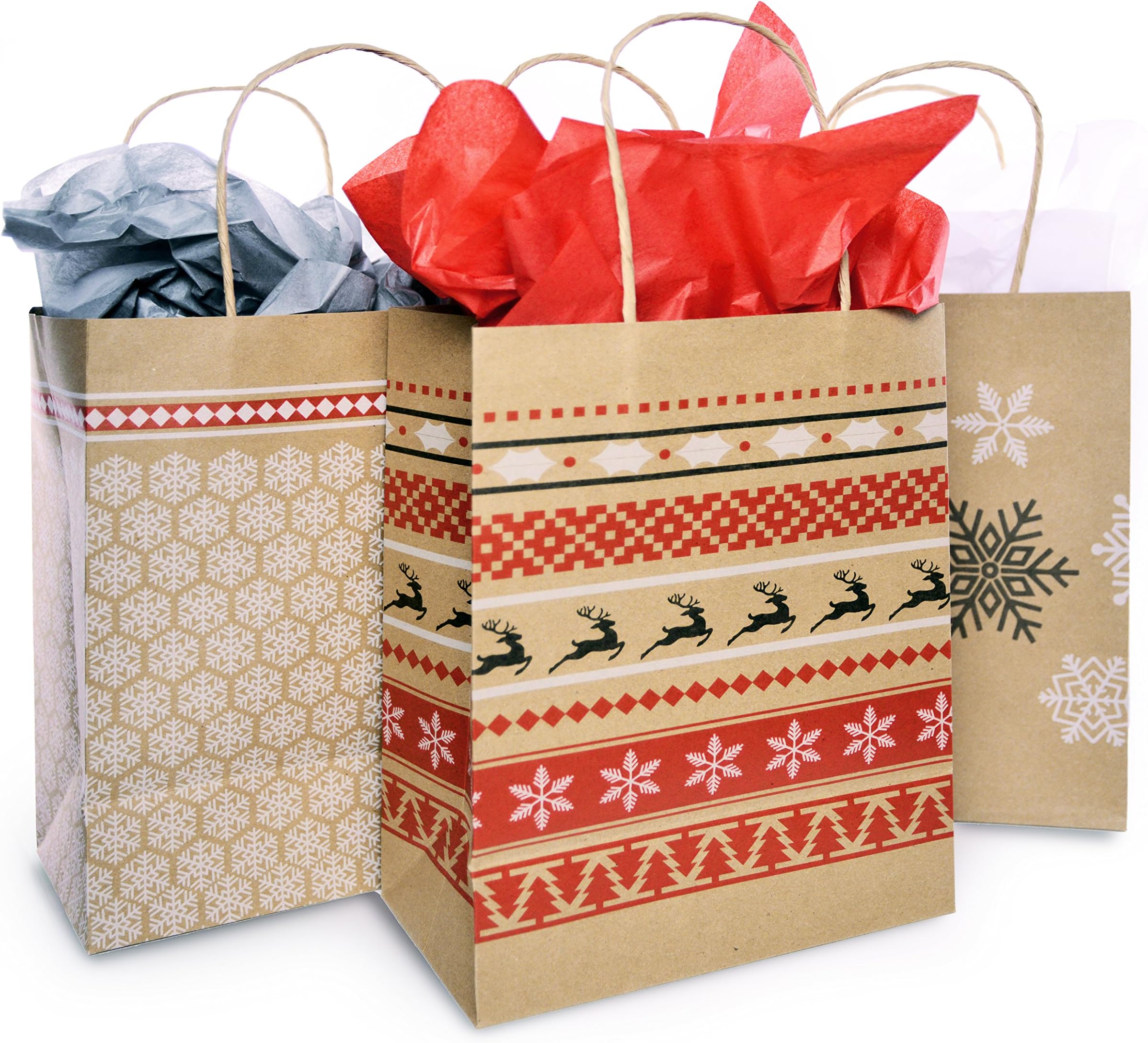Christmas Gift Bag Set with Tissue Paper Included | Red & White Nordic Print Gift Bag | Paper Kraft Bags in 3 Assorted Holiday Designs with Matching Tissue Paper | Xmas Fair Isle Bulk Packaging (12)