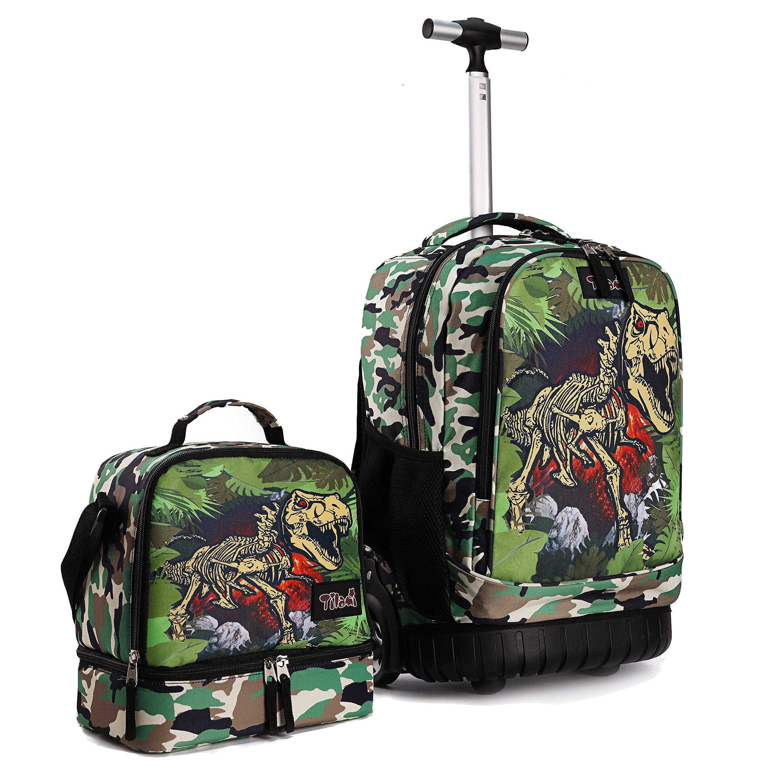 Tilami Rolling Backpack 19 inch with Lunch Bag Wheeled Laptop Backpack, Dinosaur Camouflage