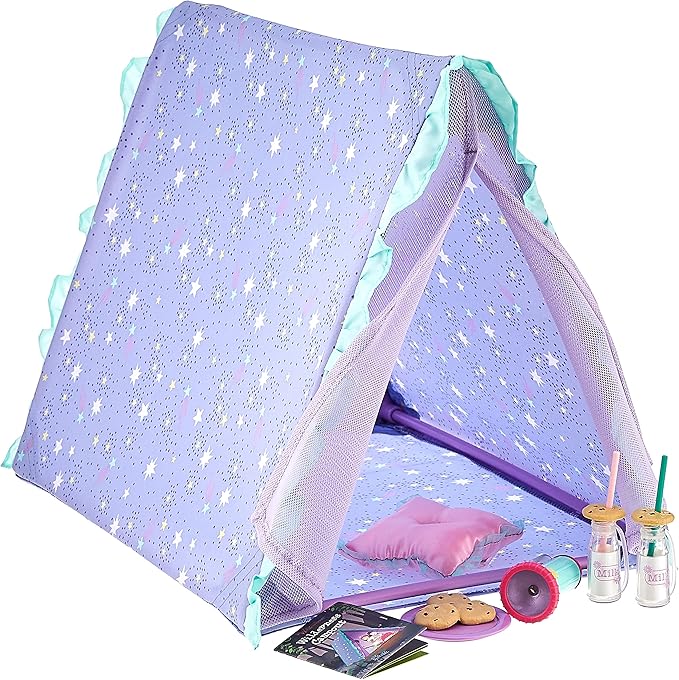 American Girl WellieWishers Stargazing Garden Tent Set for 14.5-inch Dolls with a Shooting-star Print Tent, Pink Satin Pillow, Flashlight, Ages 4+