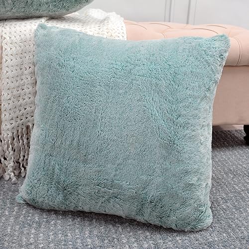 Miniatura 29 de Juego de 2 fundas de almohada de piel sintética de conejo de 20 x 20 pulgadas, fundas de almohada cuadradas decorativas de felpa peludas acogedoras