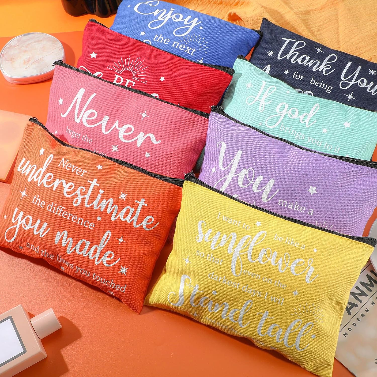 Kajaia 24 Pieces Inspirational Canvas Cosmetic Bags Makeup Bags with Zippers Appreciation Motivational Toiletry Purse Pouches Positive Travel Makeup Pouches for Girl Women Friends Coworker, 8 Designs - Image 7