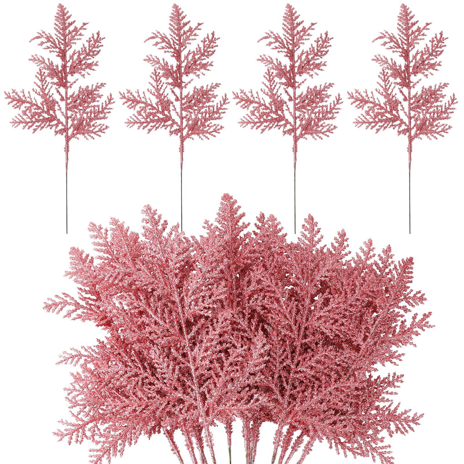 MWOOT 16 PCS Christmas Artificial Pine Needles Branches, Pink Glitter Faux Pine Twigs for Centerpieces, Fake Christmas Tree Picks for DIY Garland Wreath Wedding Bouquet Table Home Garden Décor — image 1