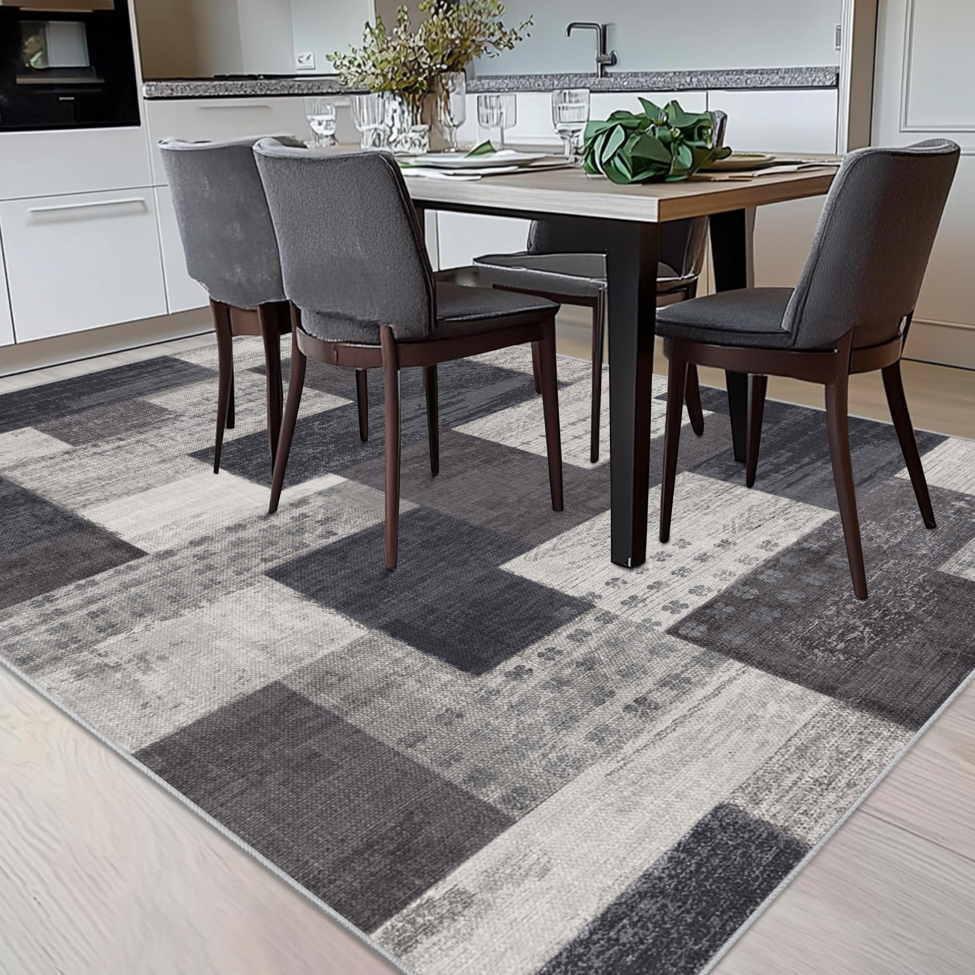 Tappeto moderno geometrico patchwork per interni e soggiorno, antracite, 140x200 cm, grandi tappeti, collezione Rockwood, decorazione per camera da letto, grigio, morbido, pelo corto