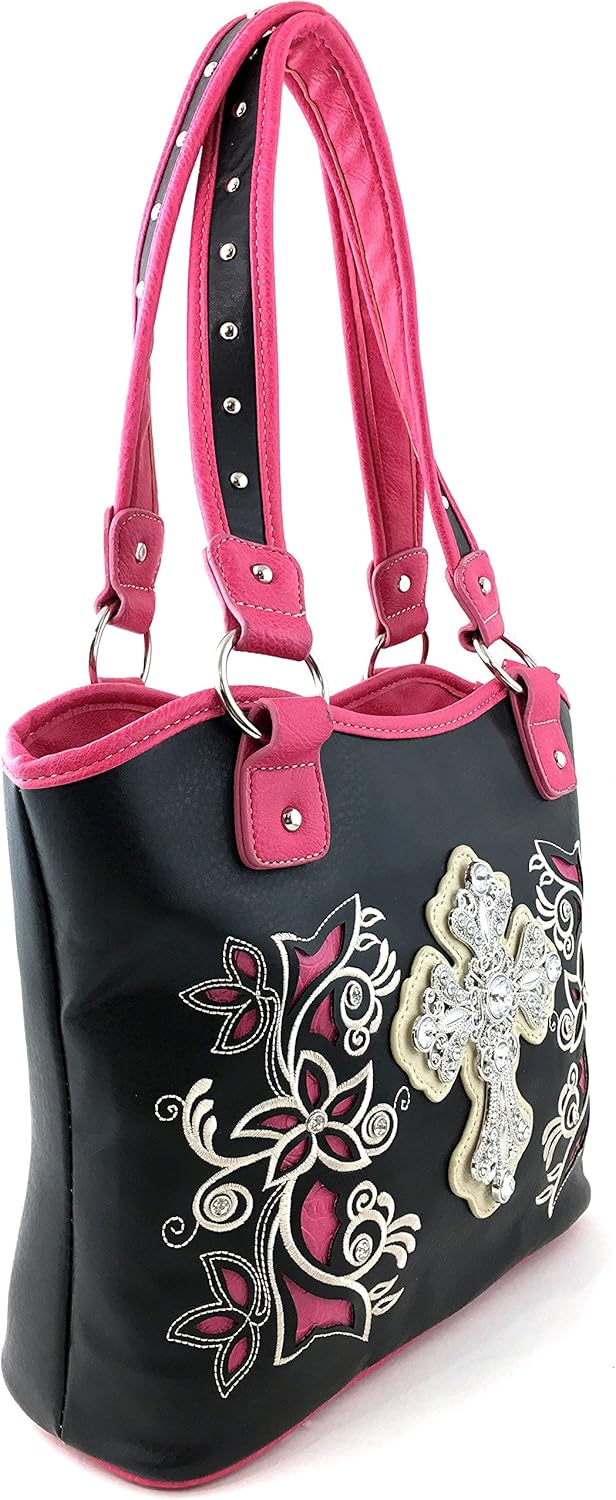 Justin West Western Rhinestone Cross Tote Purse Embroidery Floral Design Leather Concealed Carry Handbag