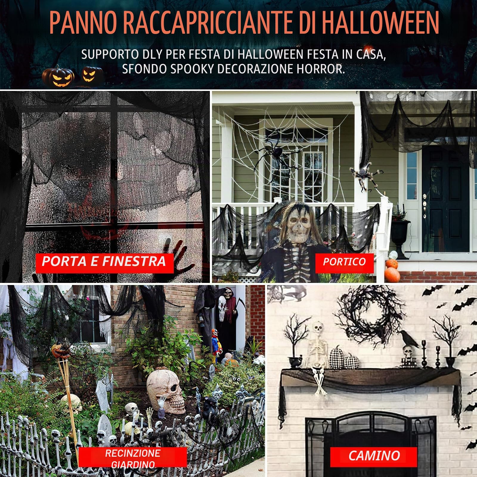 5 Pezzi Tessuto Nero Halloween 76 x 183 cm, Garza Nera Horror per Atmosfera Mistica, Ideale per Porte, Sale, Balconi e Finestre, Decorazioni di Halloween