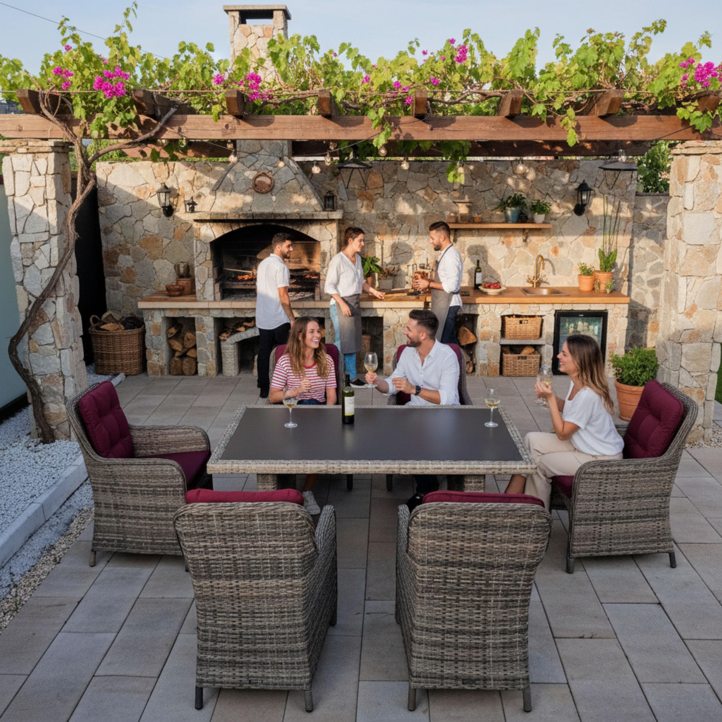 RAGNARÖK PolyRattan - Deutscher Hersteller - Gartenmöbel Essgruppe Tisch 6 Sessel 12 Polster Rostfrei Aluminium Naturfarbene Garnitur (Doppelhalbrund-Rattan) + Polster Weinrot, Glas Schwarz
