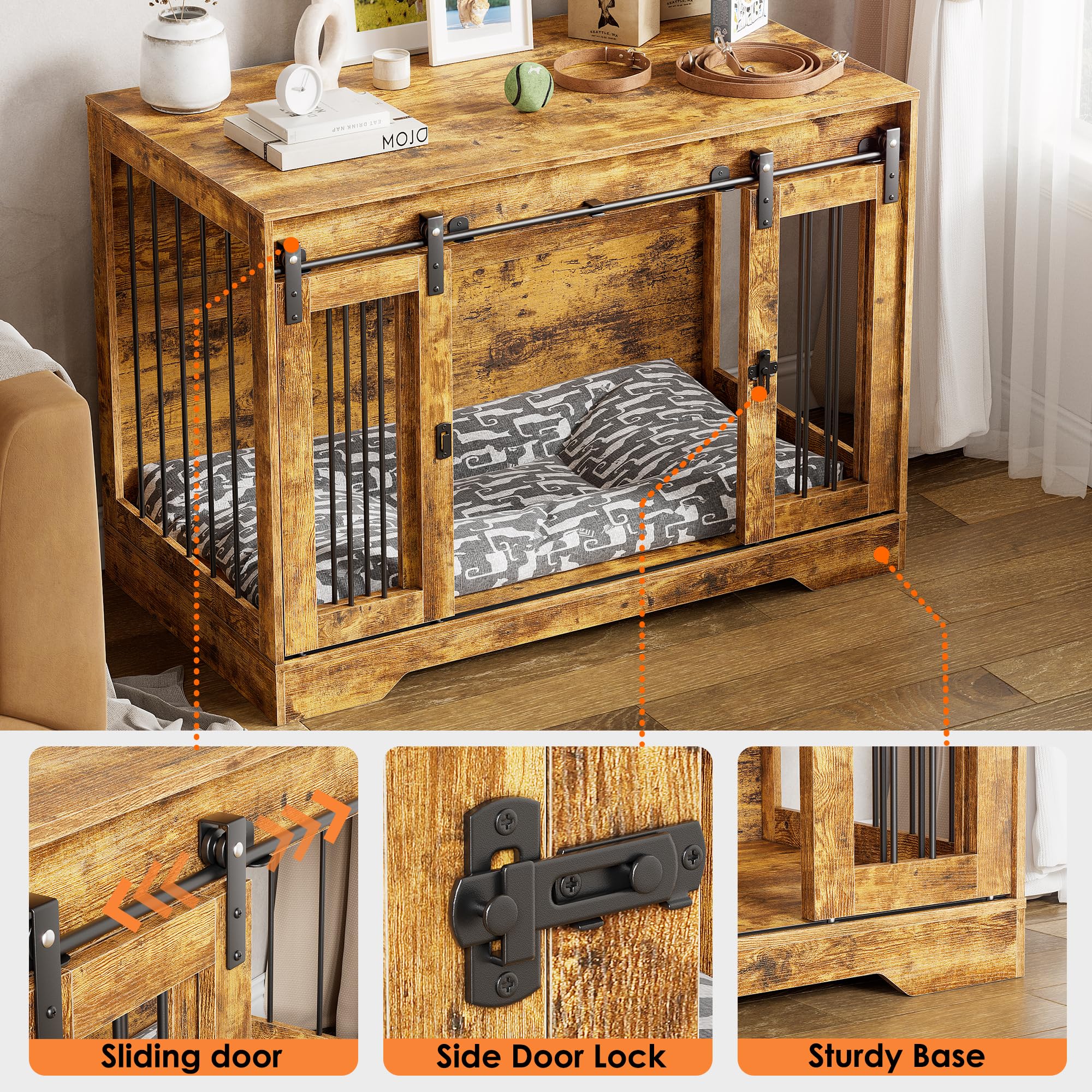 MSFE Jaula Mueble de Madera para Perros,Jaula para Perros para Interior en Casa con Puertas corredizas dobles y Cerradura de puerta lateral para perros medianos y grandes,Jaula Perro 105*58*75.4cm