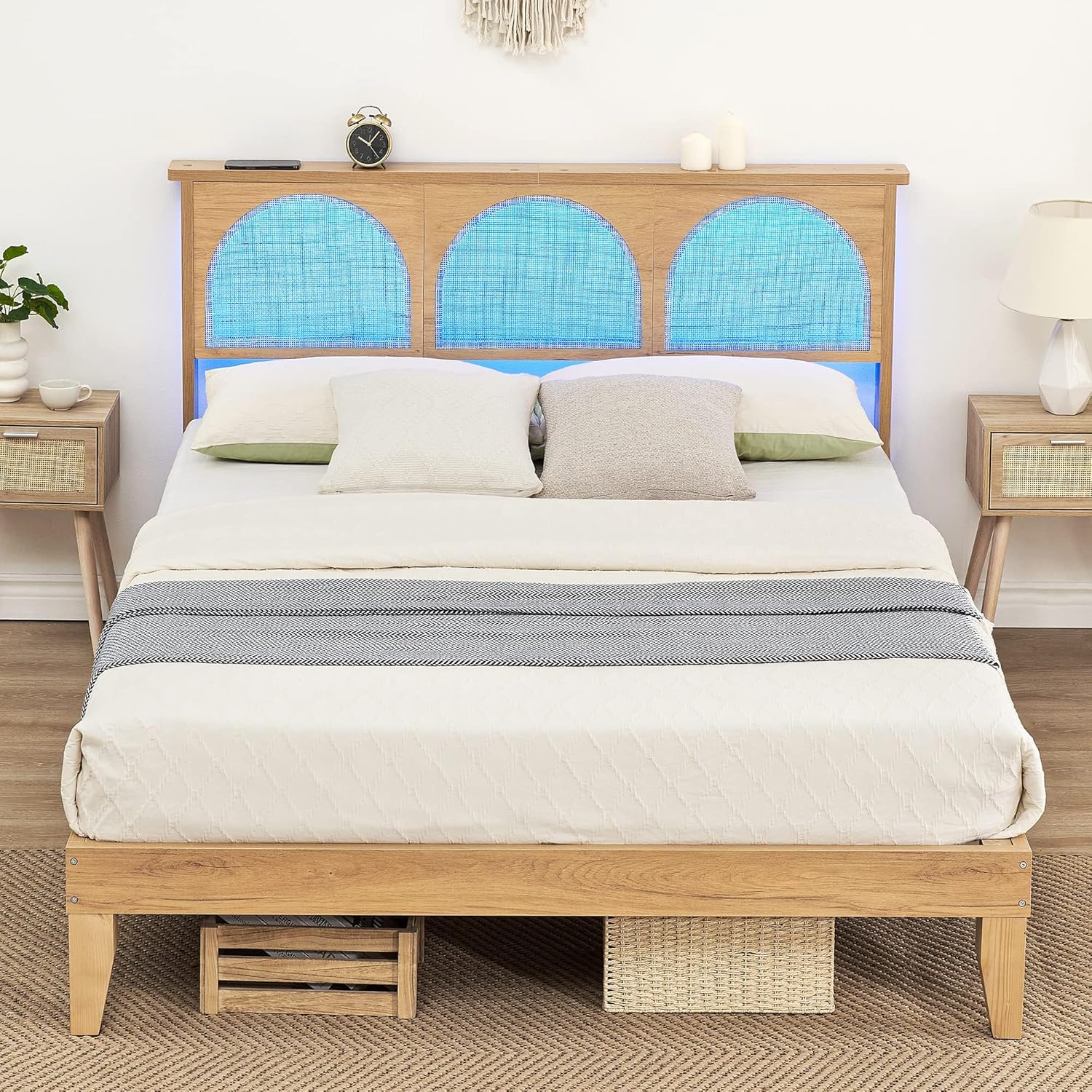 Rattan Queen Bed Frame with Headboard, Natural Bed Frames with LED Lights and Storage Headboard, Solid Wood Legs, Noise Free, No Box Spring Needed, Easy Assembly for a Comfortable Sleep
