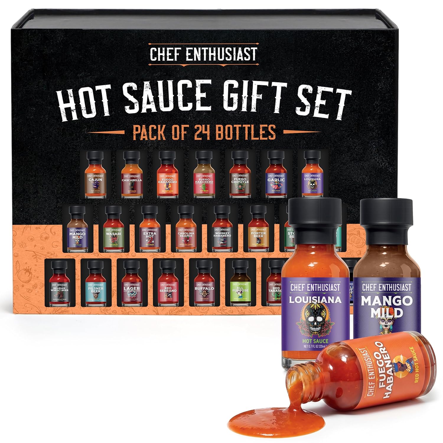 Fathers Day Gift Hot Sauce Gift Set - 24 Count Variety Pack of Mini Hot Sauces, Assorted Flavors & Heat Levels, Hot Sauce Sampler Collection for Tasting, Parties, Gifts & Spice Lovers