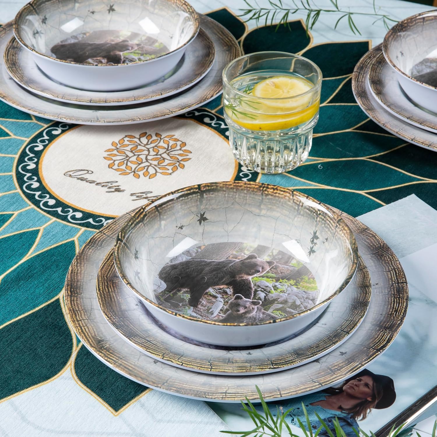 Melamine Dinnerware set for 4 - Dinner Plates Bowls Set 12 PCS Durable BPA Free Dishwasher Safe Shatter-Proof Chip Resistant for Indoor Outdoor,Bear