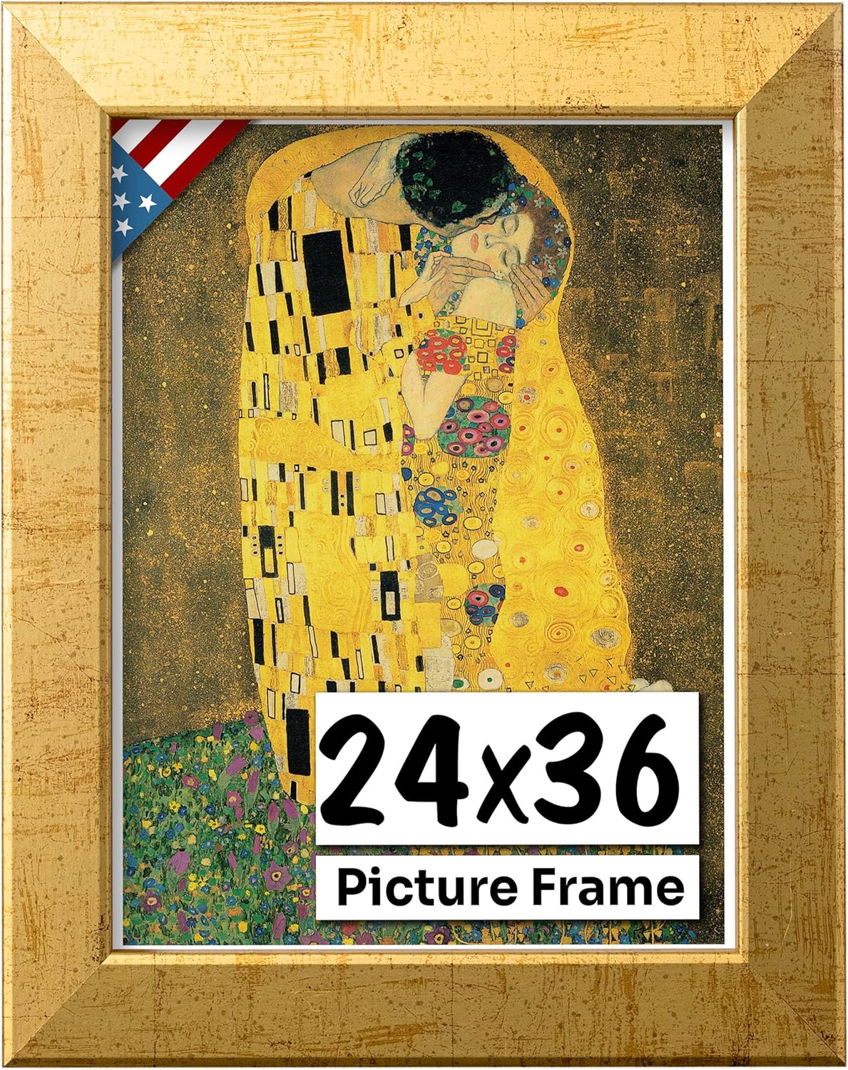 Flat Antique Gold 24x36 Picture Frame - Handmade American Flat 1" Wide Engineered Wood Frame for Wall Décor with Preinstalled Hangers and UV Blocking Plexiglass, 24x36 Frame