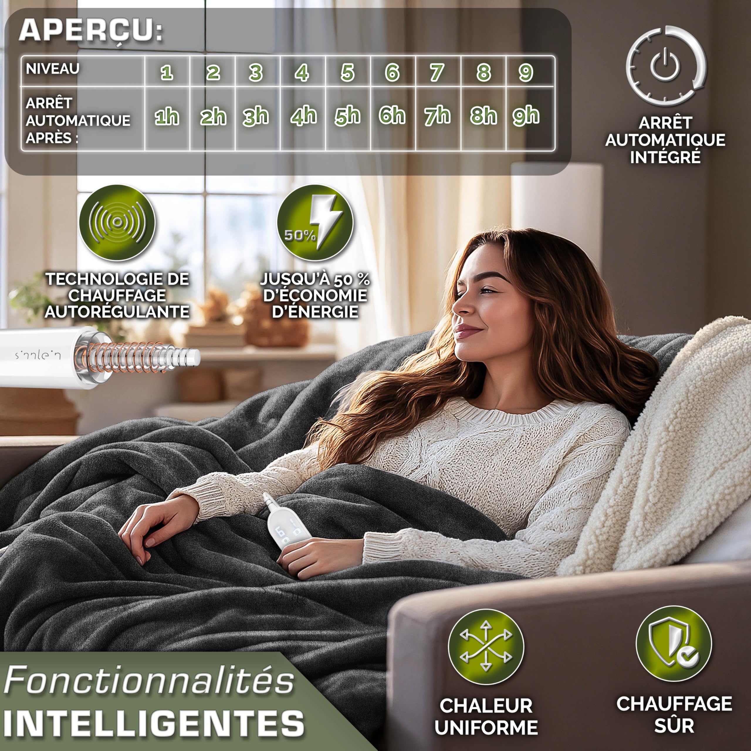 sinnlein® Couverture chauffante 200 x 180 cm avec arrêt Automatique | Plaid électrique avec 9 Niveaux de température | Couverture Douillette Lavable