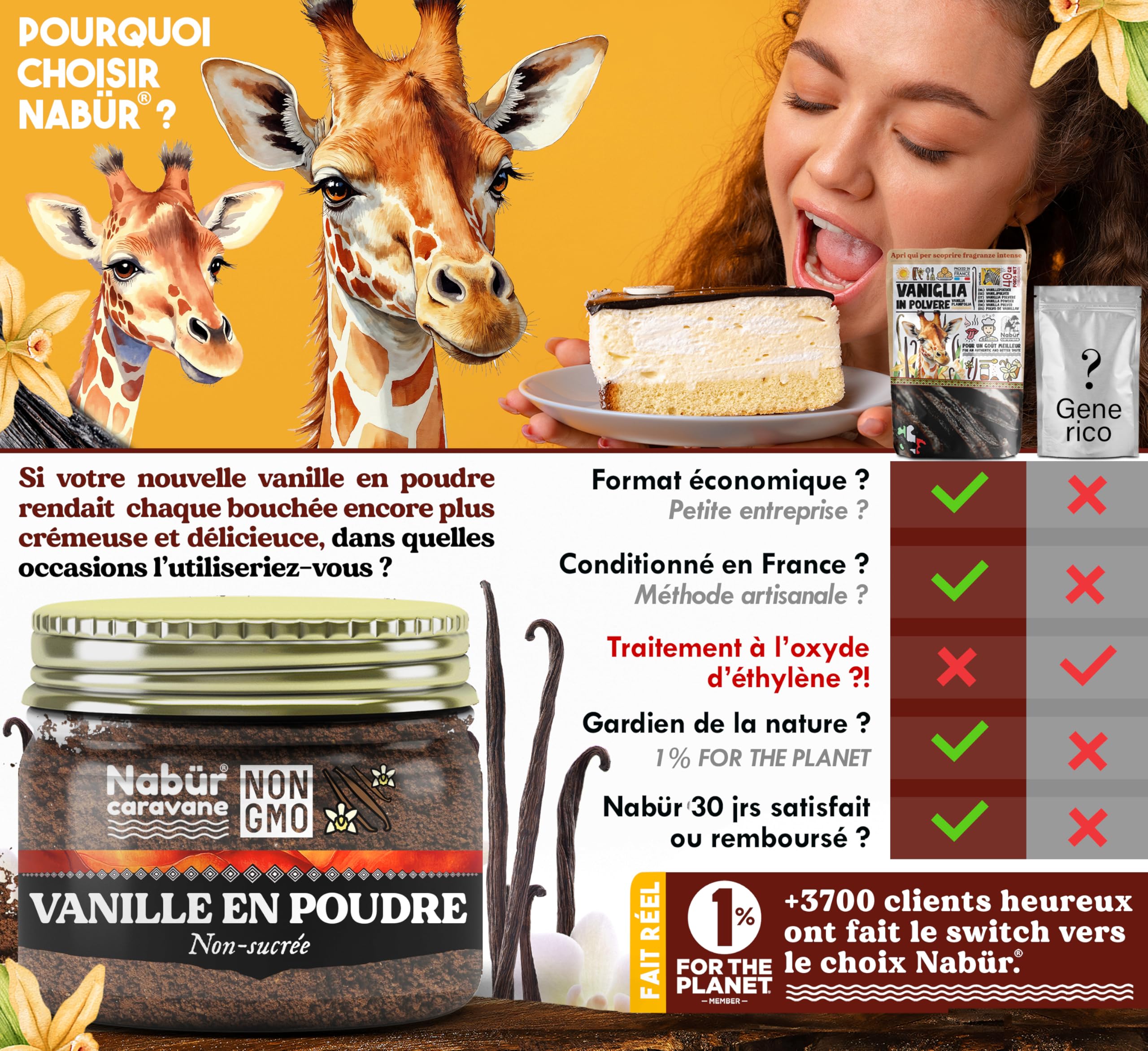 Nabür - 40 g proszek waniliowy Bourbon z Ugandy, Premium, niewyczerpany, niesłodzony -100% naturalny, ciasta, deser, napój