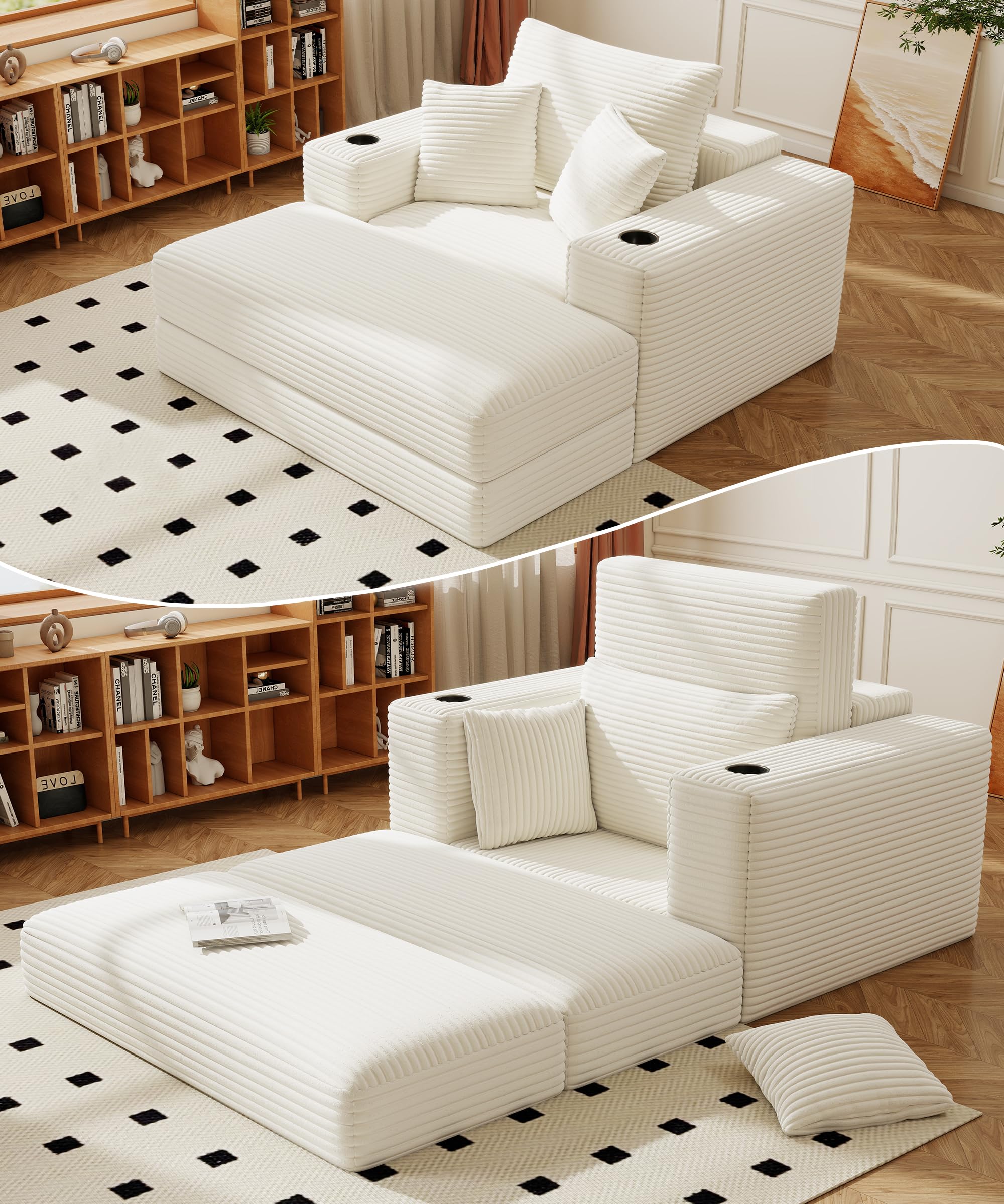 Busaurus 62" Oversized Chaise Lounge Chair Indoor, Fluffy Corduroy Upholstered Boneless Couch, Convertible Sleeper Sofa Bed & Reading Chair, Cloud