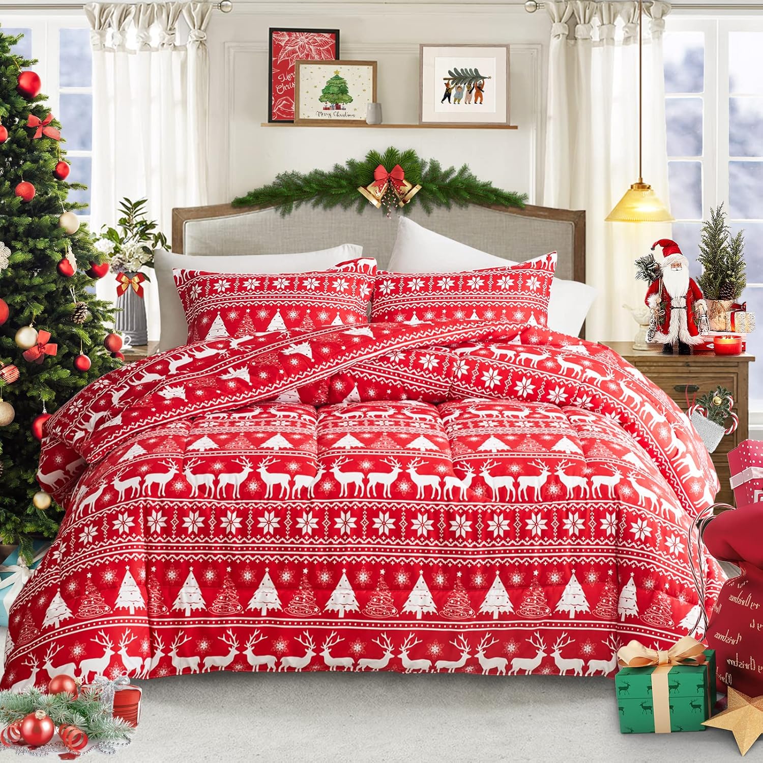 Flysheep Christmas Comforter Set 3 Pieces Queen Size 88x88 inches, Red White