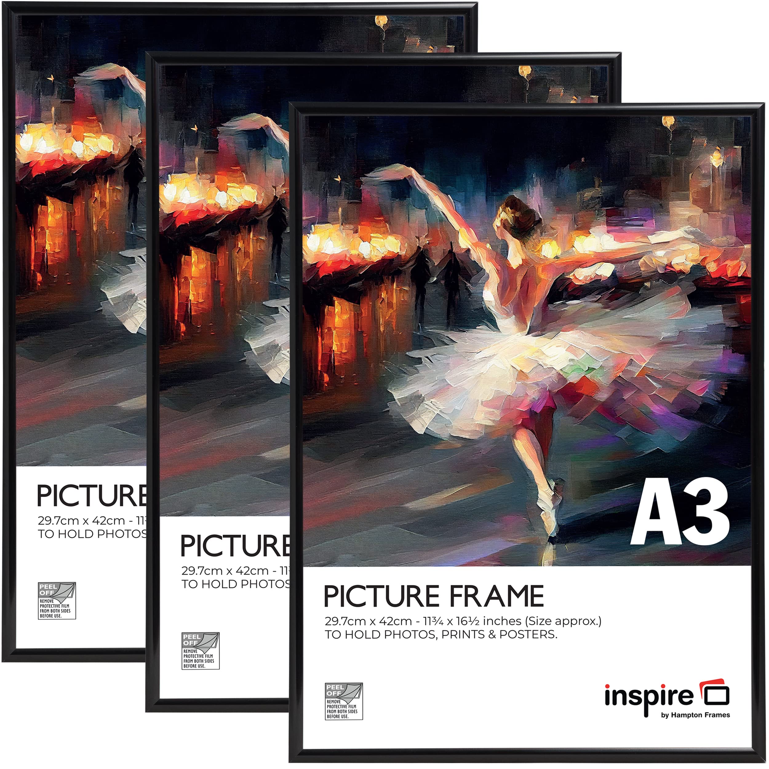 inspire by Hampton Frames BACKLOADER A3 Black Poster Frame Acrylic (Non-Glass) Pack of 3, A3 (29.7x42cm)